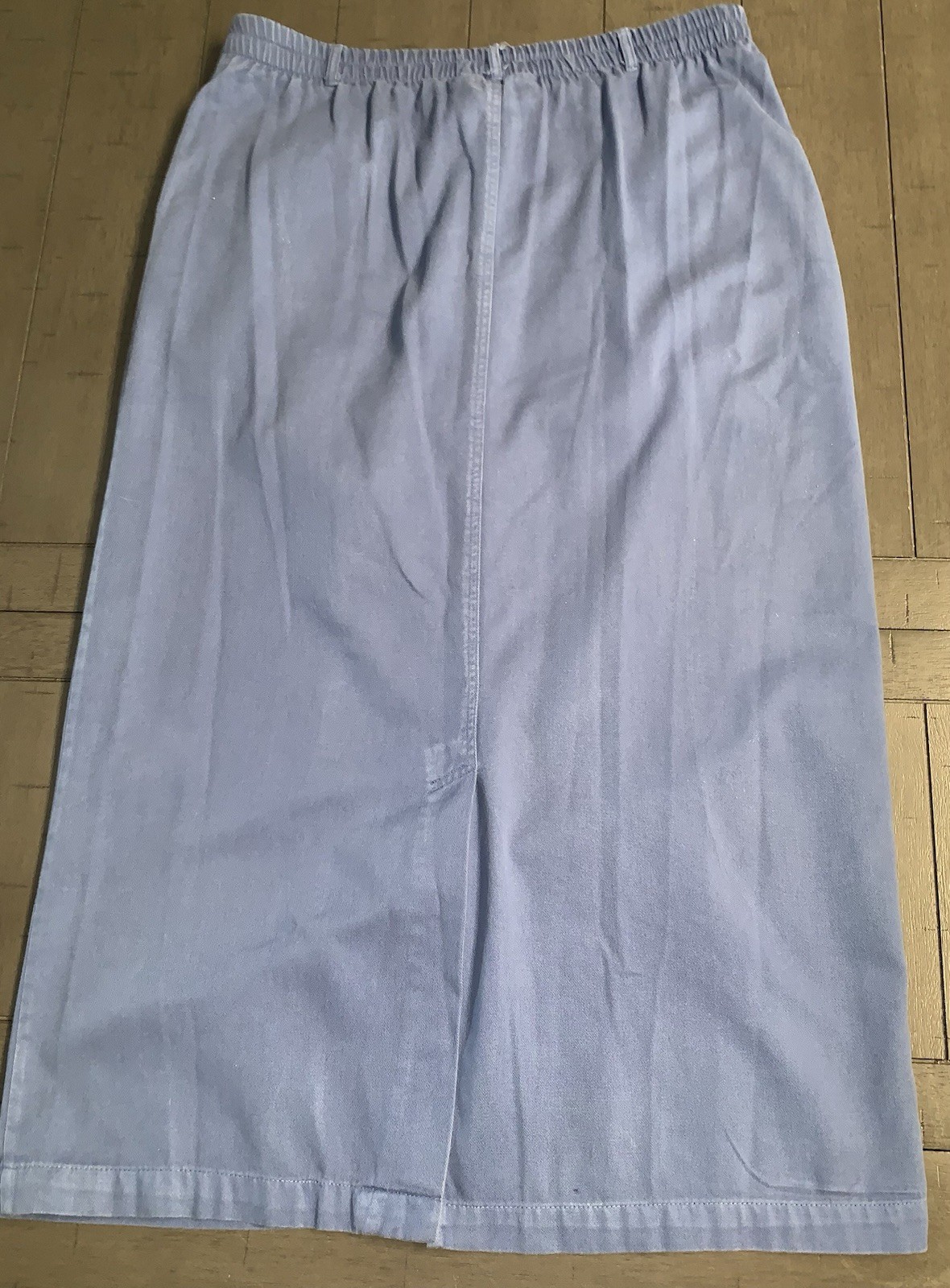 A1 80s SMALL CAPACITY MAXI COTTON BLUE SKIRT FRONT BUTTON STRETCH COTTAGE CORE