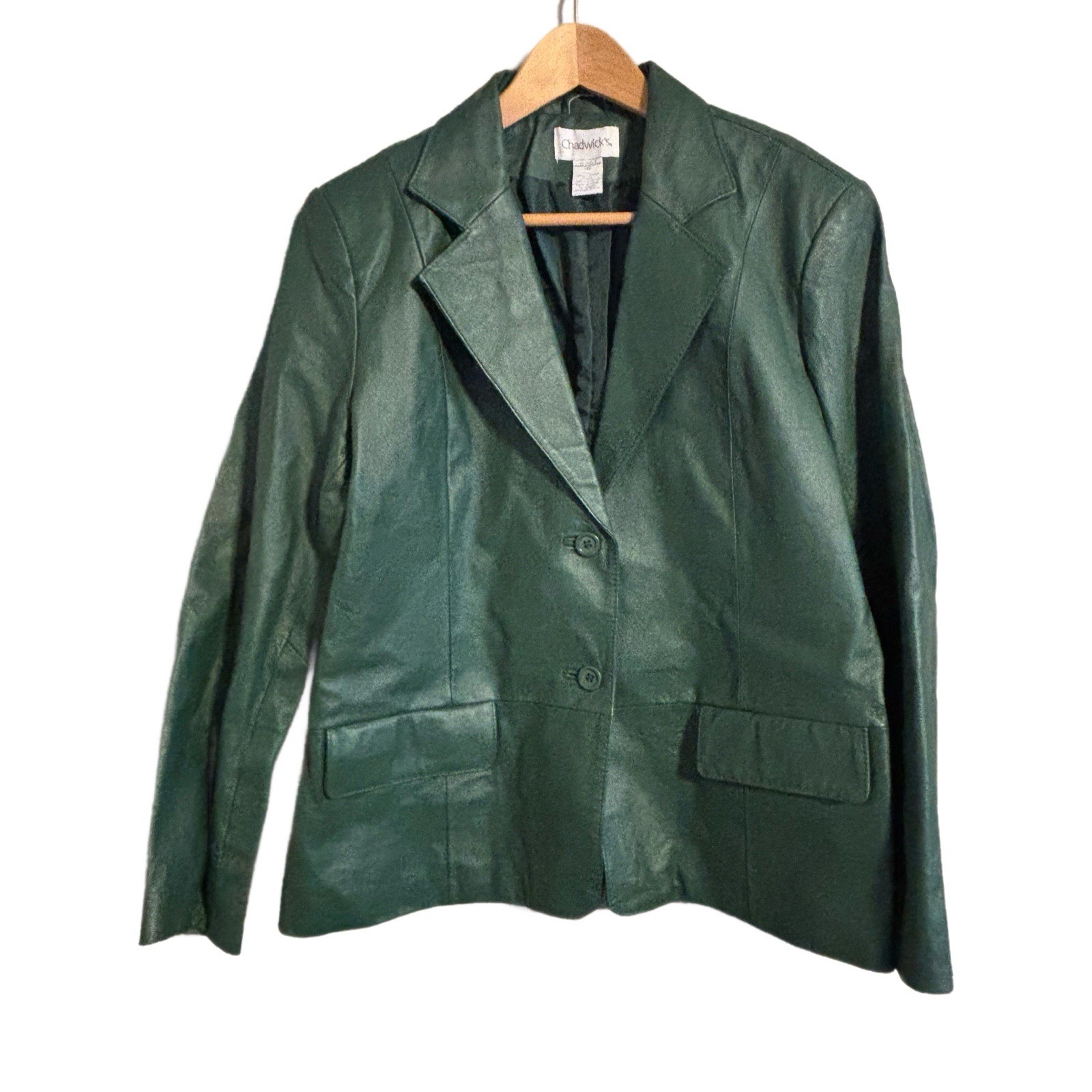 Vintage Chadwicks Dark Green 2 Button Short 100% Leather Blazer Women’s Sz 14P