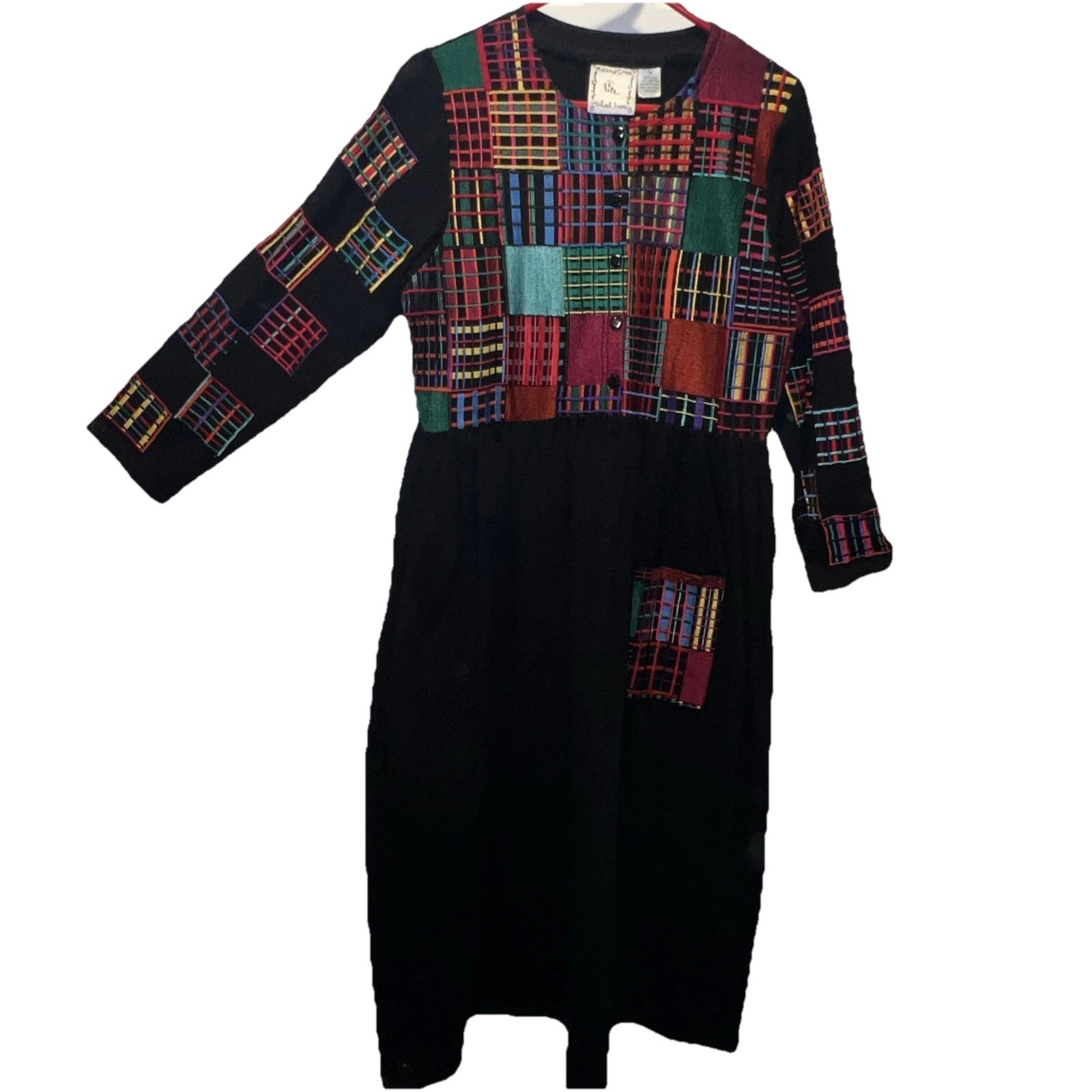 MICHAEL SIMON LITE BLACK COTTON DRESS WITH MULTI COLOR HEAVY EMBROIDERY SZ LG