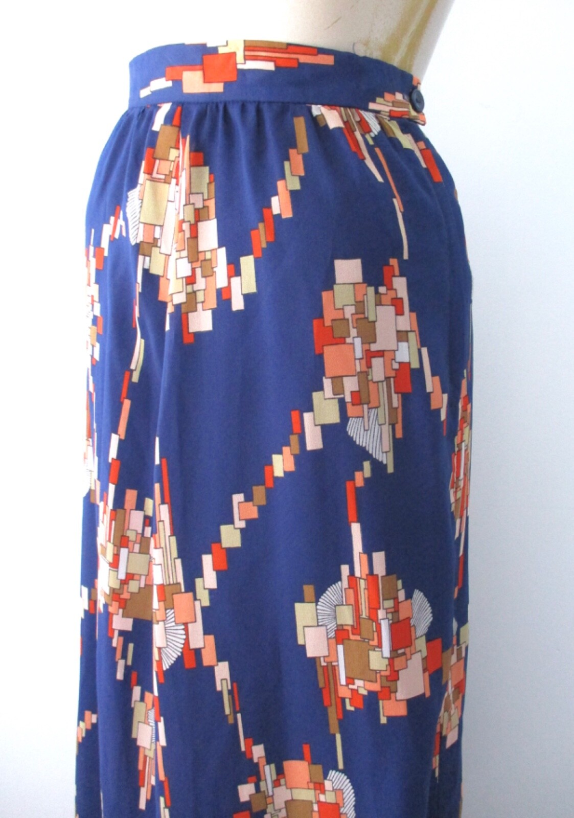 Vtg 70s Alex Coleman Blue Coral Geometric Poly Chiffon Maxi Hostess Skirt 24 in.