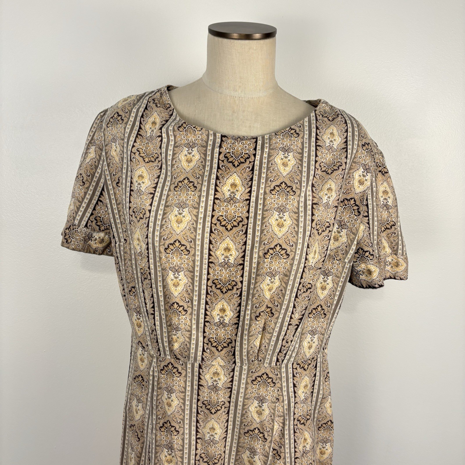 VTG 60s Handmade Paisley Border Print Dress Womens L/XL Mod MCM Boho Earth Tone
