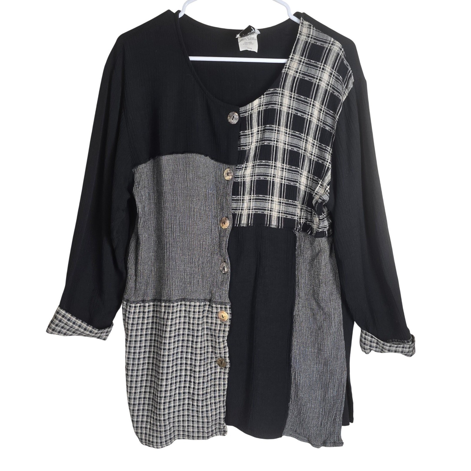 Vintage Tapestry Patchwork Button Front Blouse Medium Black Plaid Whimsigoth