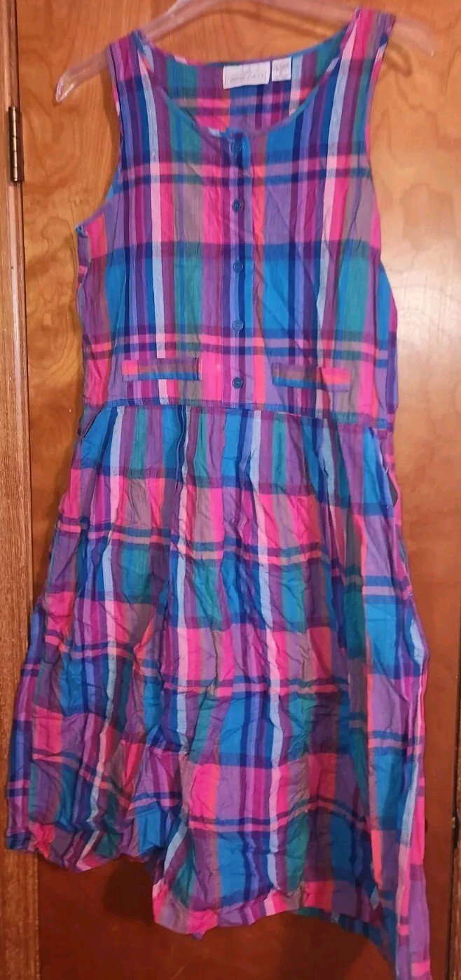 VTG Nouveau Gacer Sleeveless Dress M 100% Cotton Plaid Long Multicolor