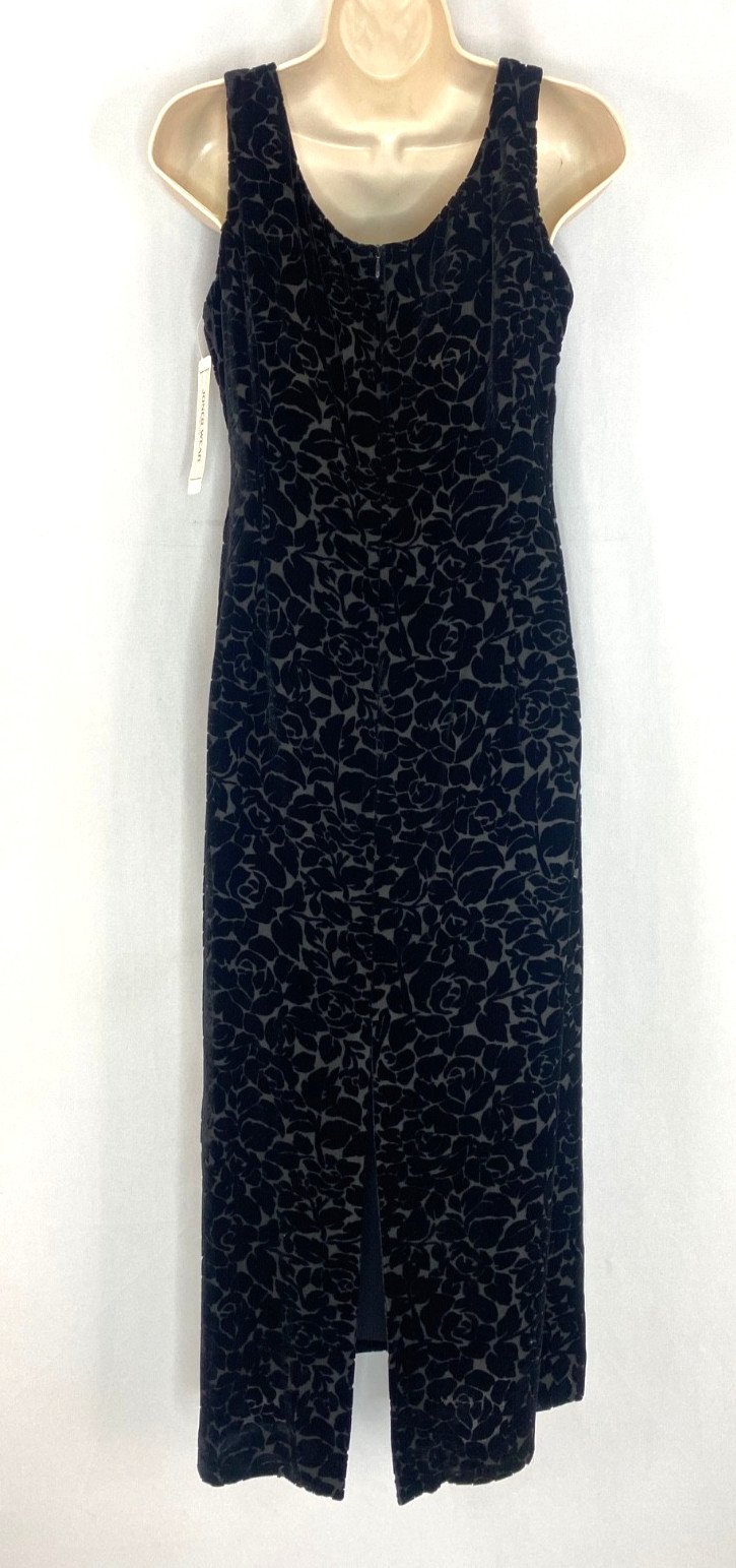 Vintage 1990s black silk velvet maxi dress sleeveless floral burnout NWT JONES 8