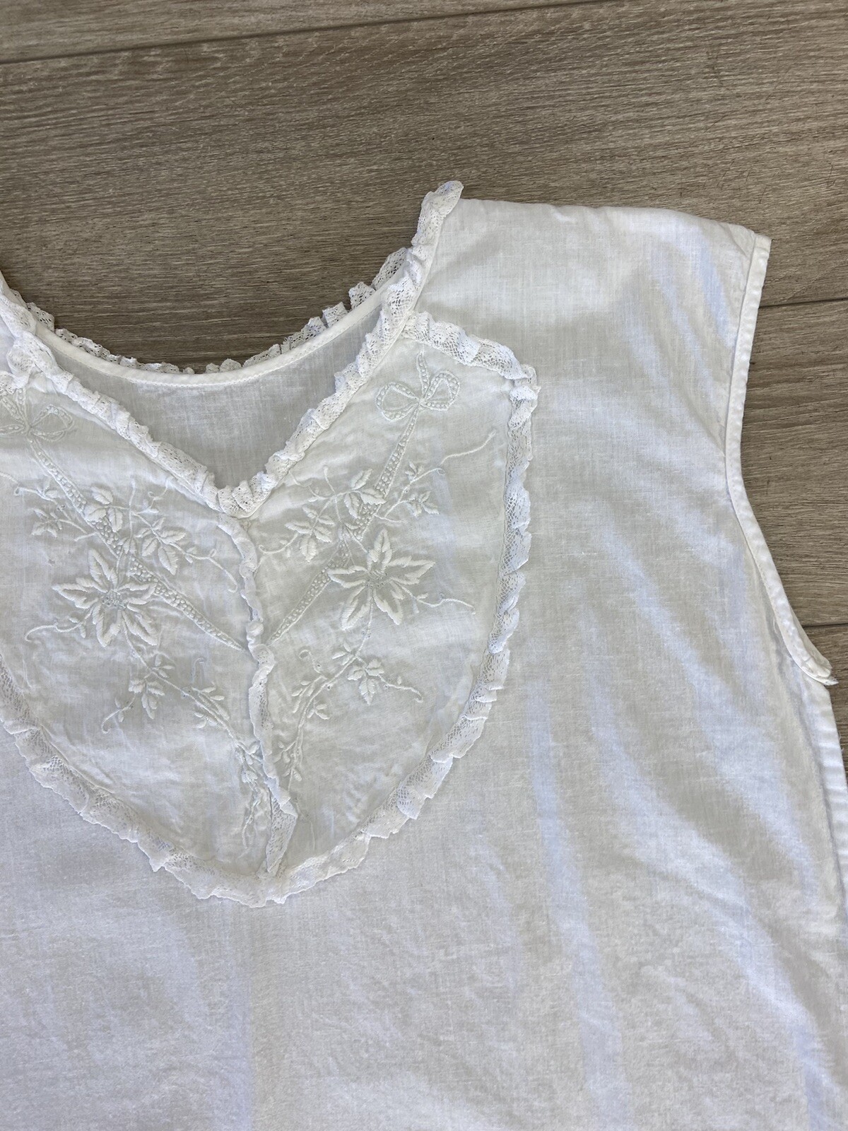Antique Edwardian White Cotton Slip Dress or Night Gown Embroidery and Lace Trim