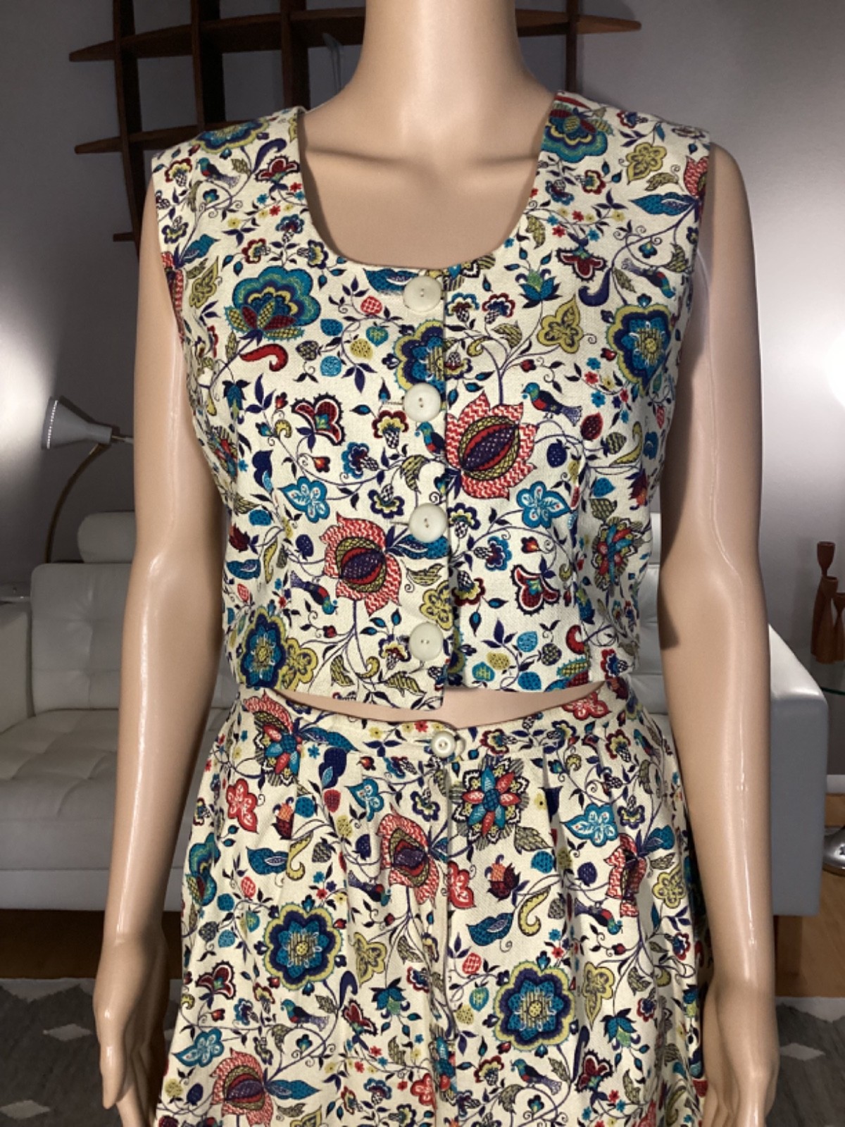Vintage 60’s 70’s Garland Cotton Floral Bird Print Skirt & Top Set Boho Hippie
