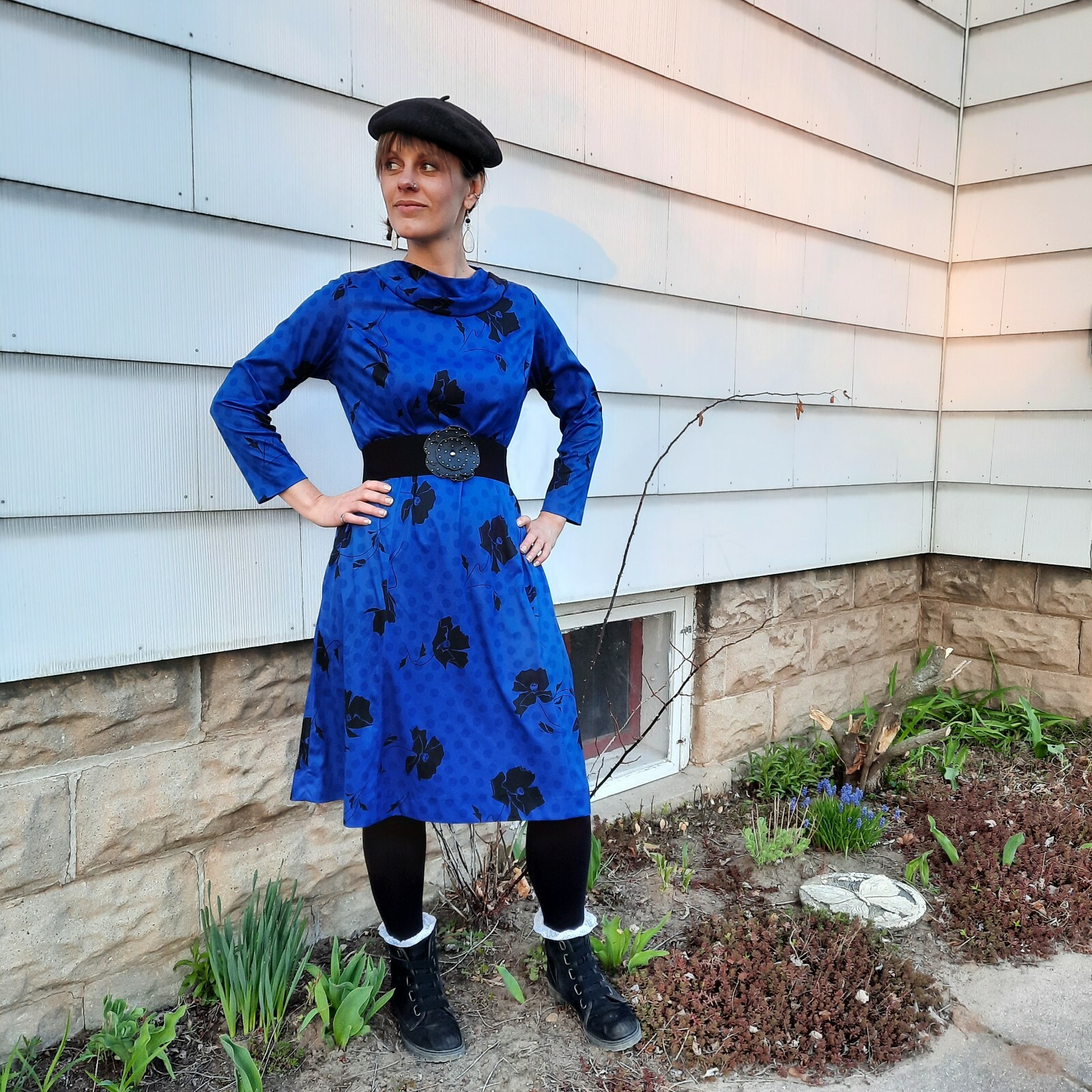 Vintage 80s British Lady ILGWU Poppy Polka-dot Blue Dress Woman’s 16.5