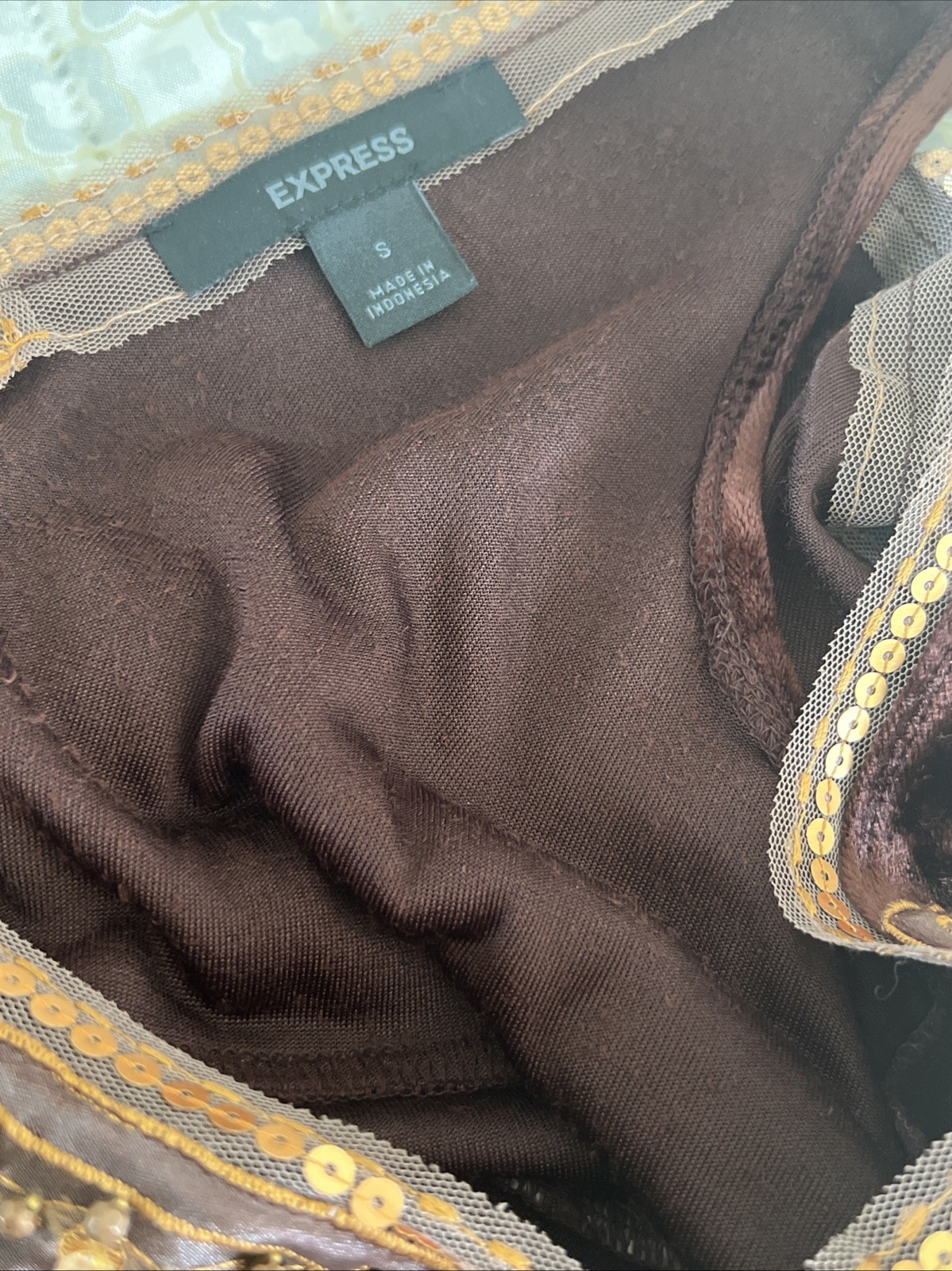 Vintage Express, Brown, Gold Sequins And Beads, Boho, Summer Top, Sz S. Sweet!