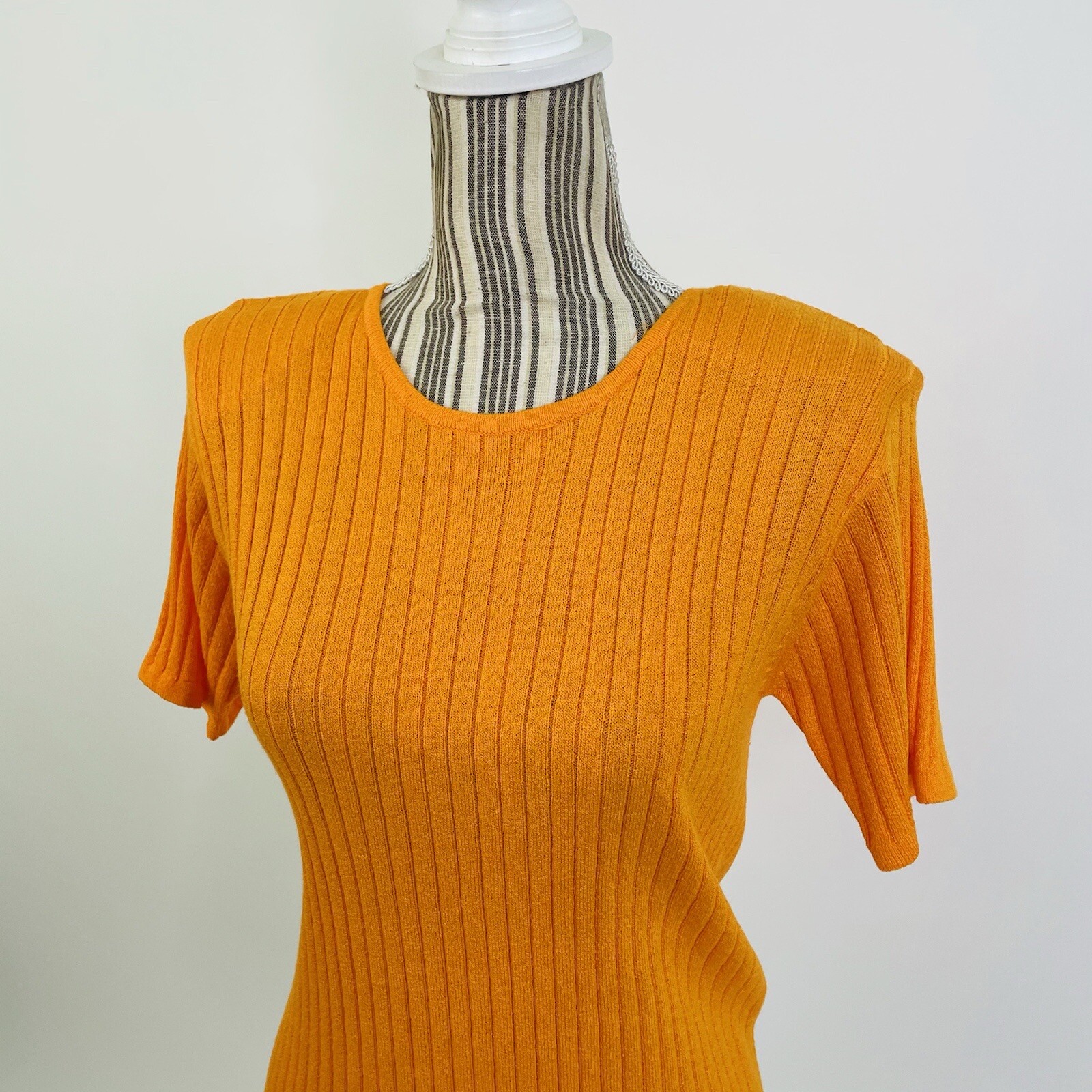 Vintage 90s David Hollis Ribbed Orange Short Sleeve Sweater Blouse Medium Womens