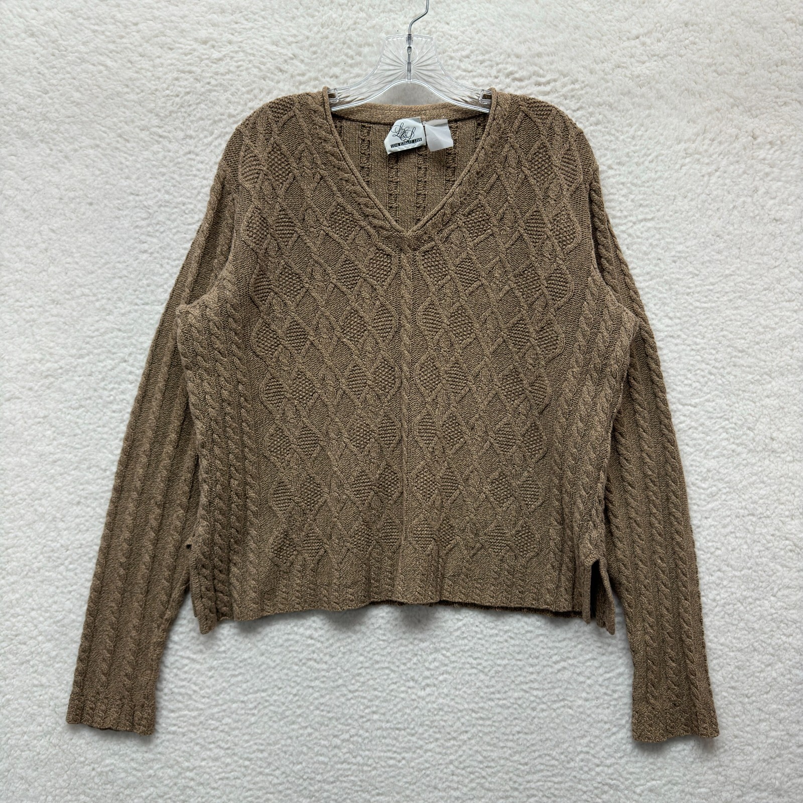 80s 90s Vintage Sweater Large XL Womens Tan Cable Knit V-Neck Fisherman Casual