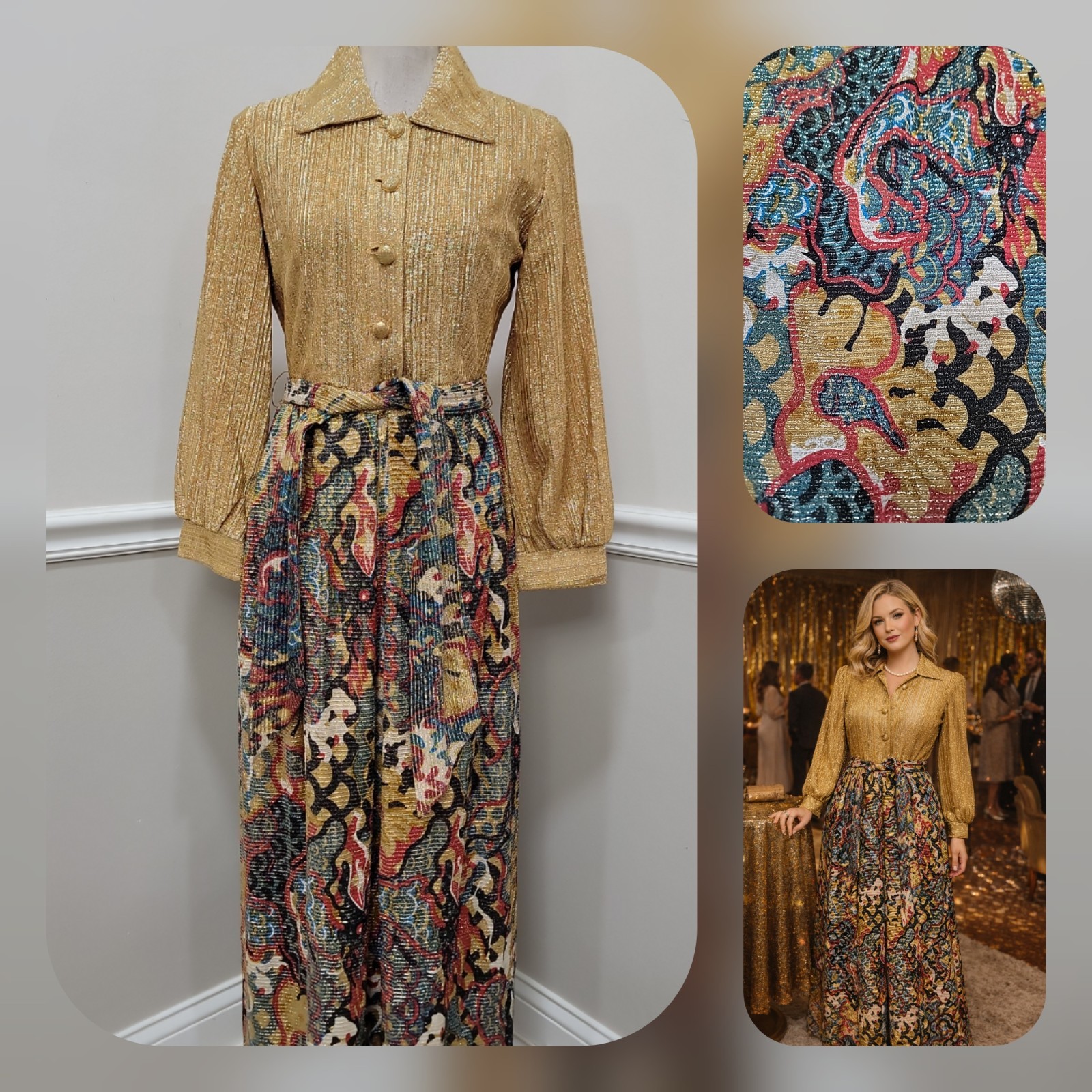 VTG’70s „Lounge Craft” Metallic Lurex Maxi Dress/Gold Bodice & Abstract Printed