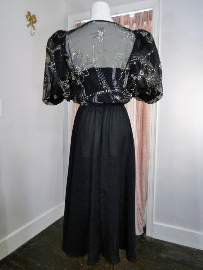 80s Vintage CONNECTIONS Black Puff Sleeve Silver Gold Glitter Dress ILGWU Small