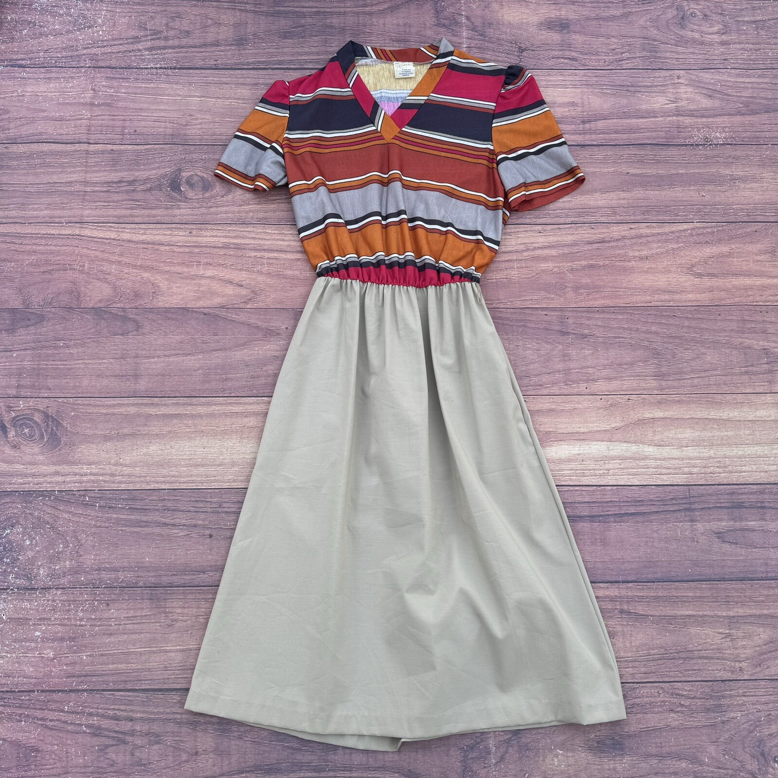 Vintage 70s Union Made Ilgwu USA Ladies Garments Poly Skirt Dress Striped Long