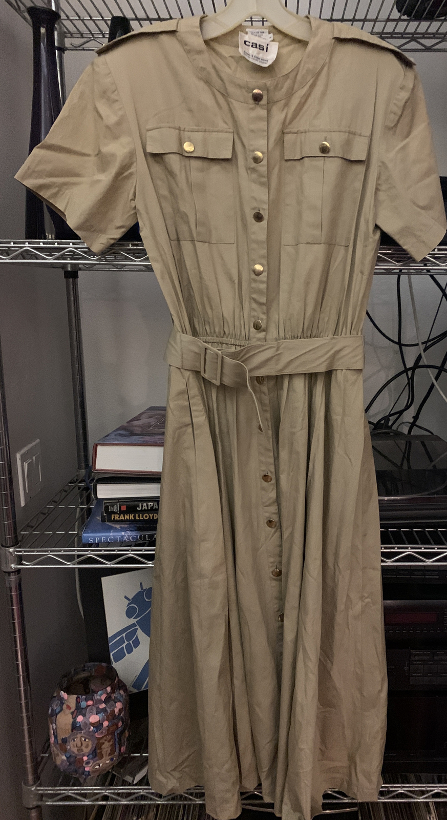 Vtg 70’s Casi Tan Button Down Belted British Crown Colony Safari Dress Size 8