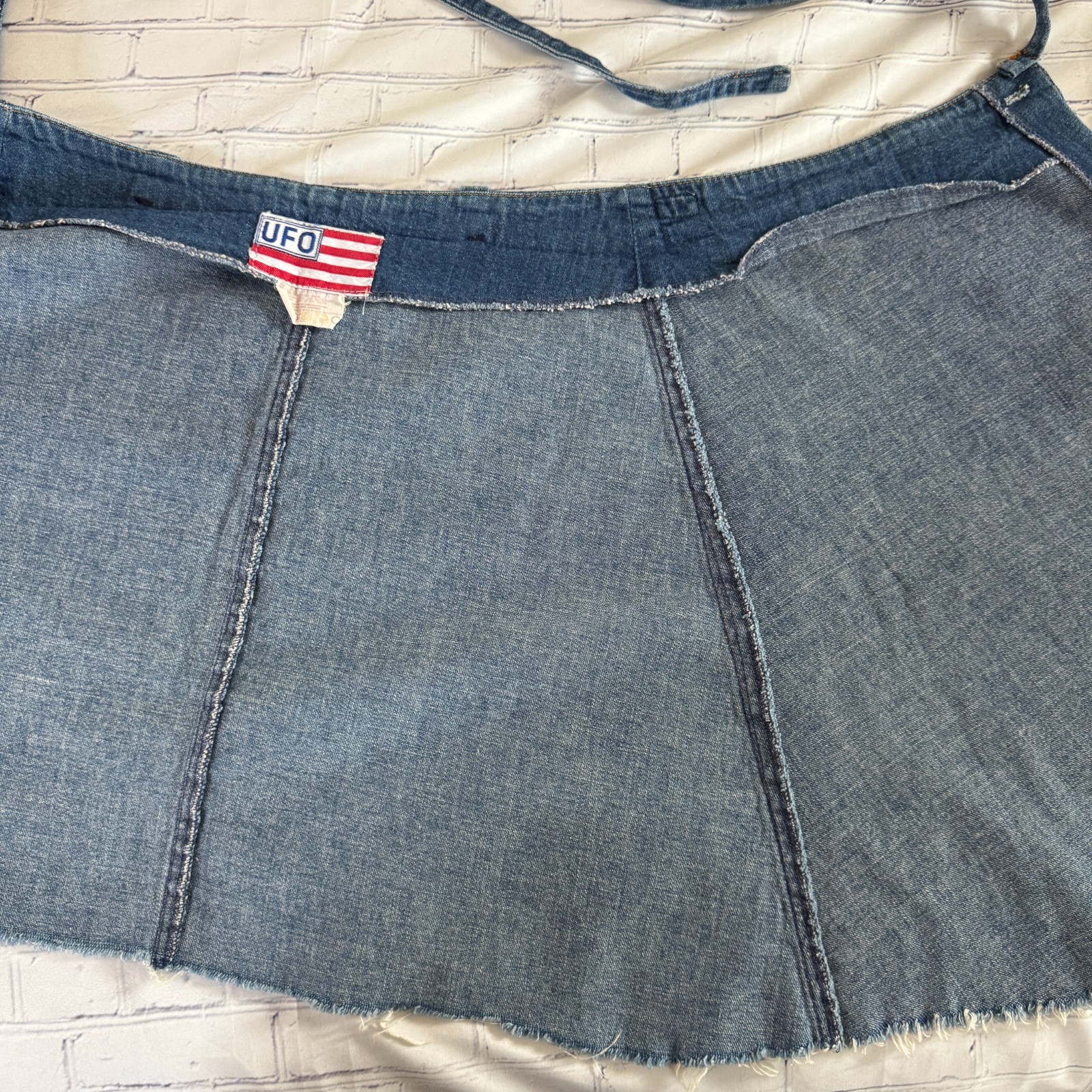 70s vintage UFO JEANS Denim Cut-off Wrap Mini Skirt USA NY American Flag Patch