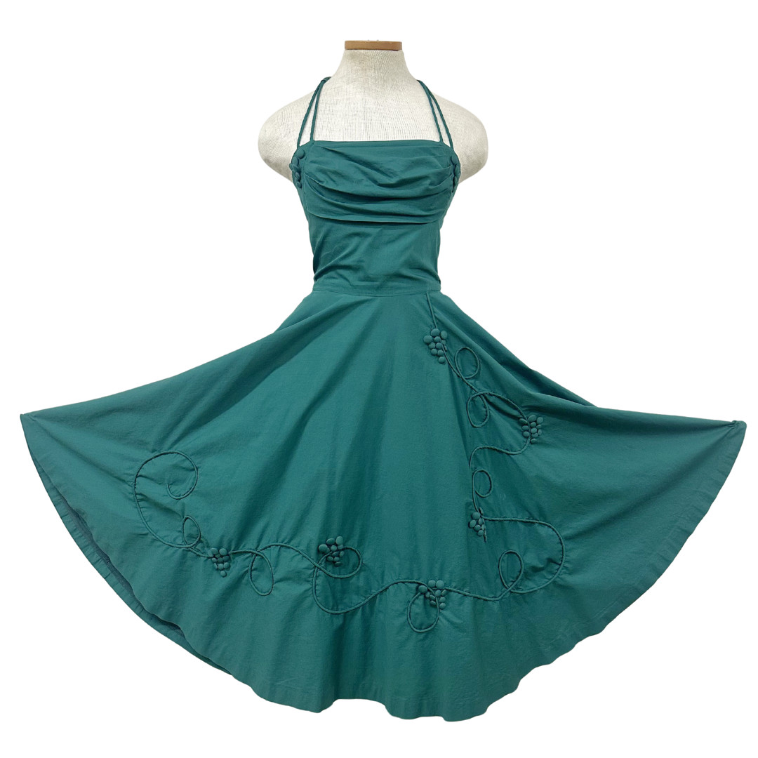 Vintage 1950s Noveltly Green Grape Button Fit n Flare Dress