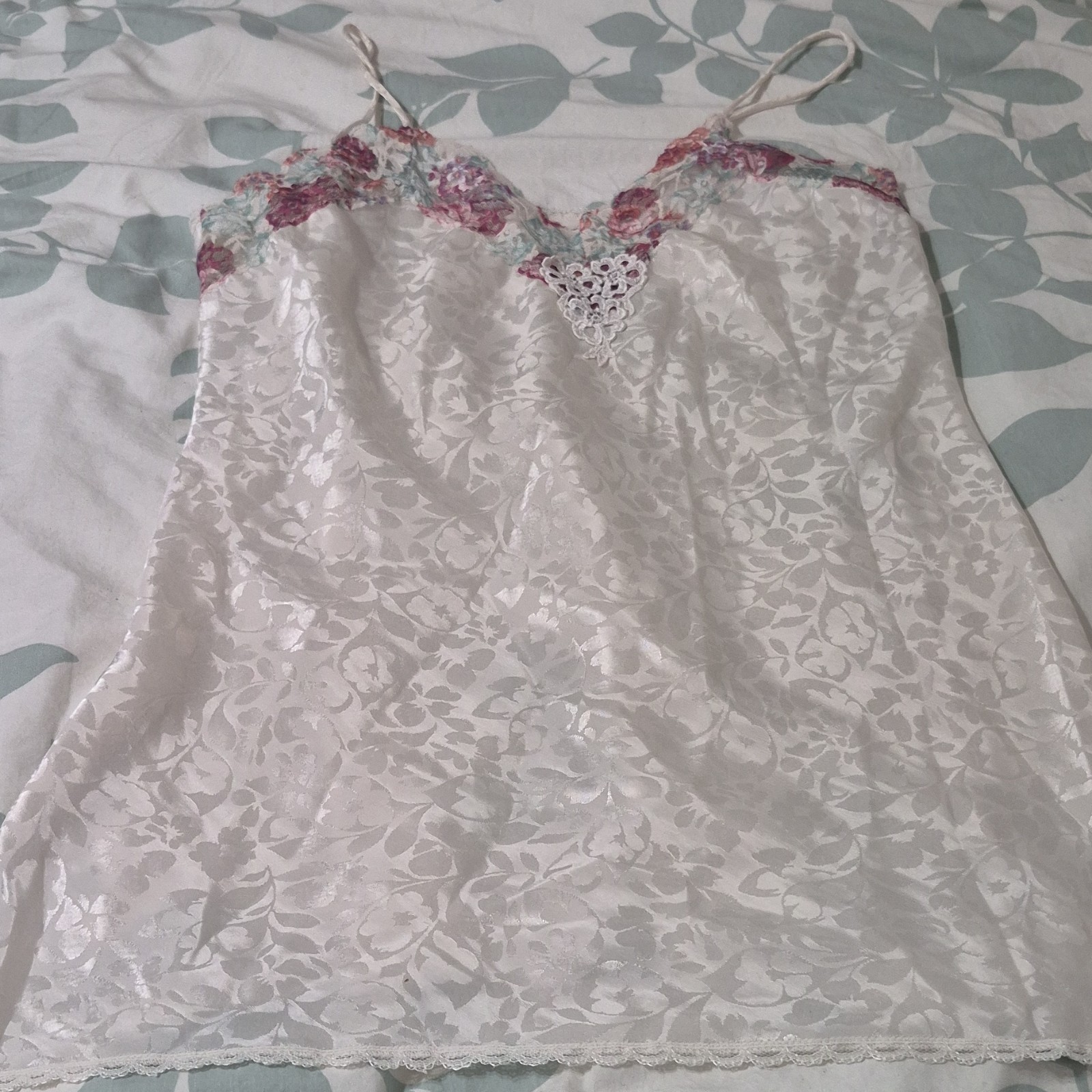 Val Mode White Satin Floral Jacquard Camisole Top w/ Lace Trim Vintage