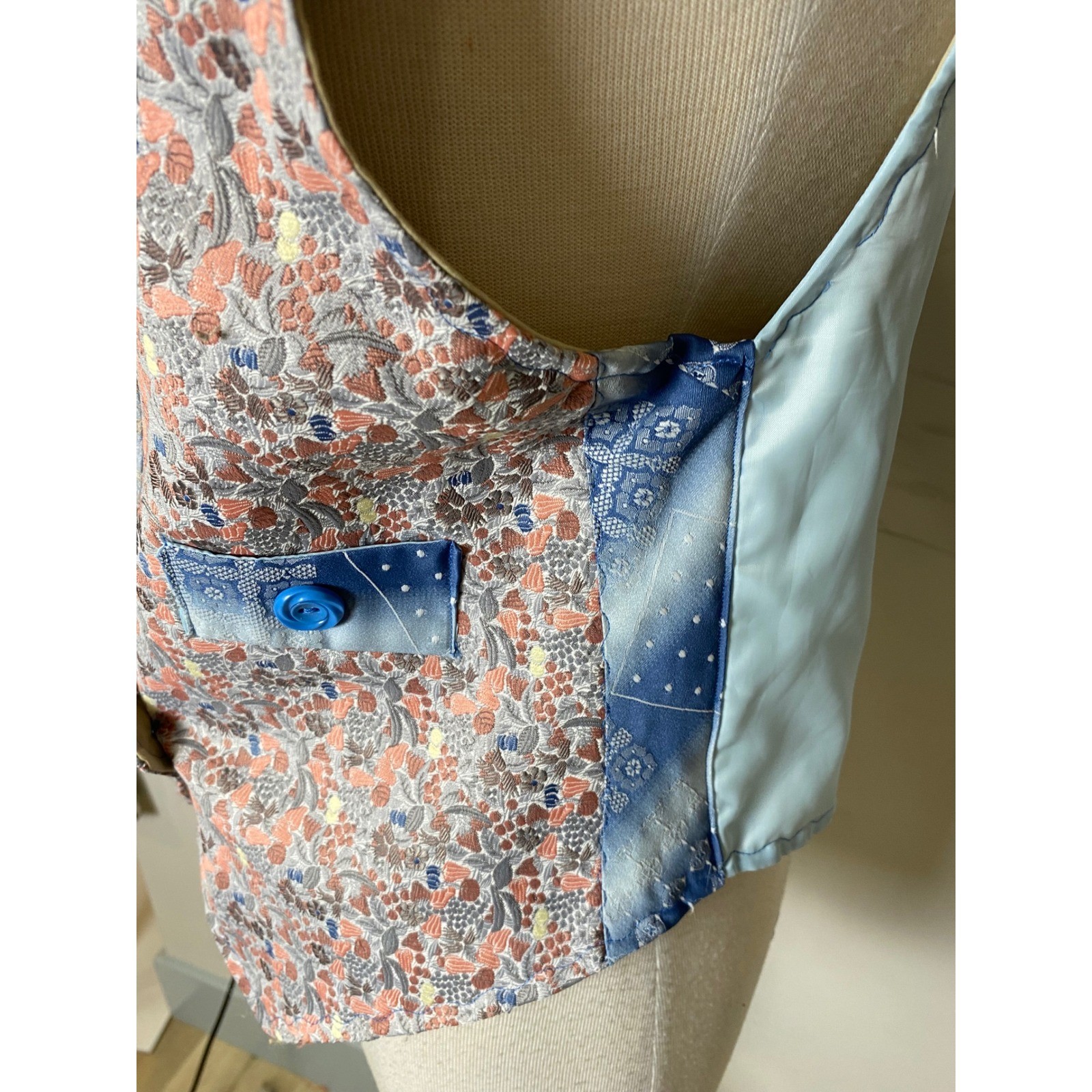 Handmade Vintage Tie Patchwork Vest Blue Paisley Floral Artisan Waistcoat Boho