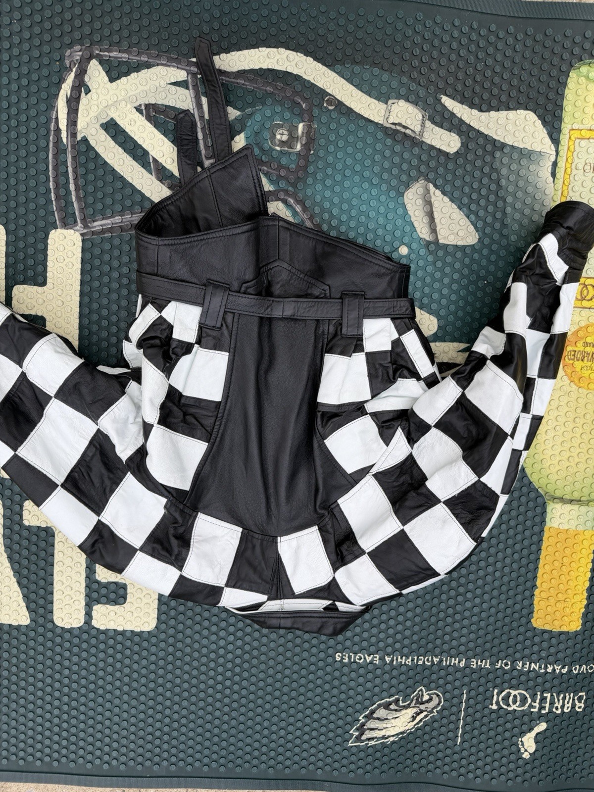 Vintage Checkered Leather Jacket Black & White Twins USA XS Moto Retro Patchwork