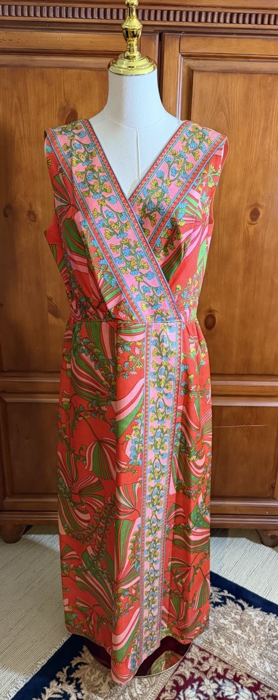 VTG 70’s Vibrant Maxi Evening Mod Print Orange/Pink/Multicolor Gown-18/Large