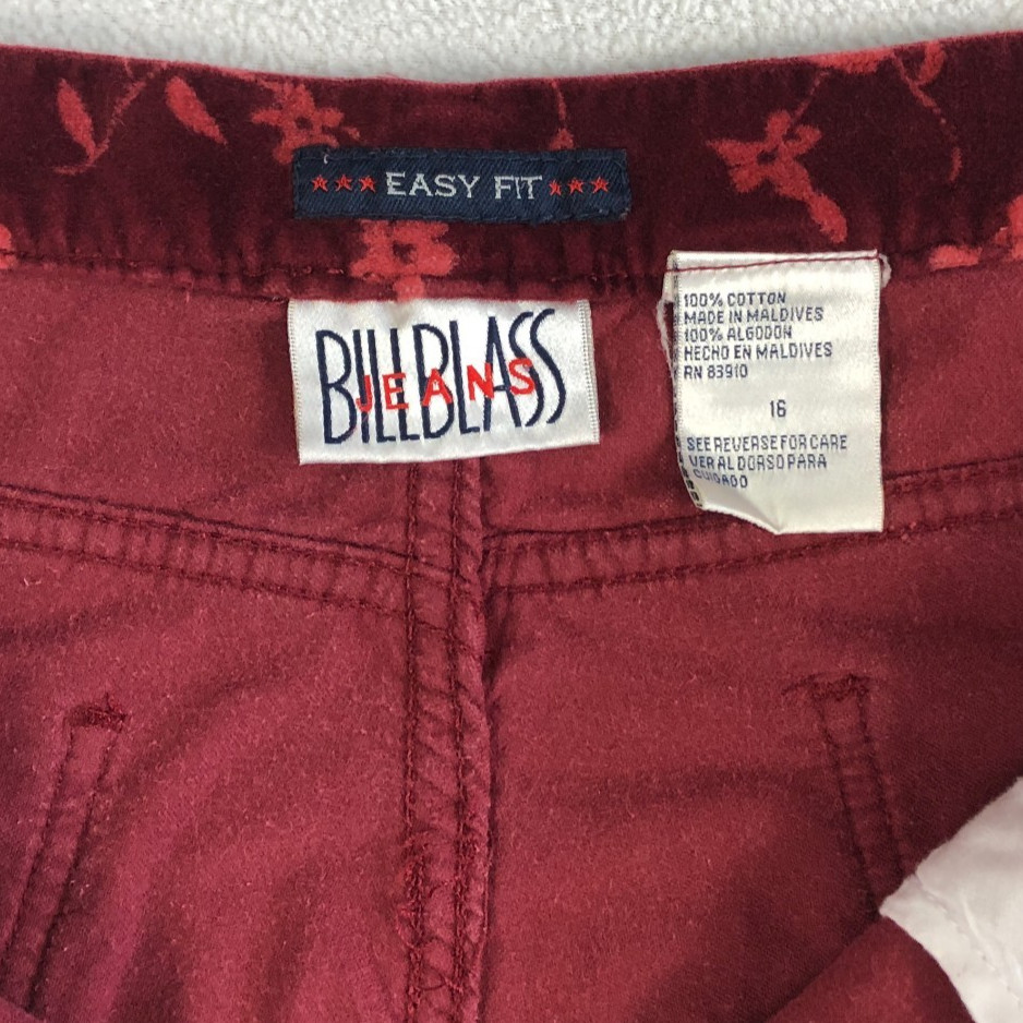 Bill Blass Burgundy Floral Velvet pants Vintage 1990s easy fit Size 16 Waist 34″