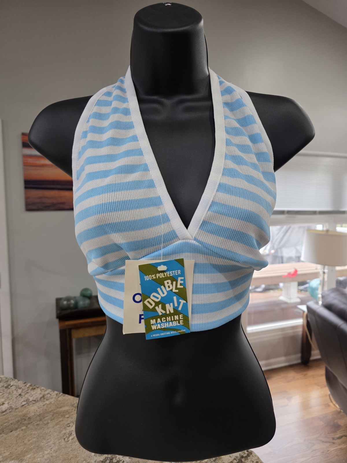 NOS Vtg 1970s Halter Top Double Knit Deadstock One Size Fits All Orange / White