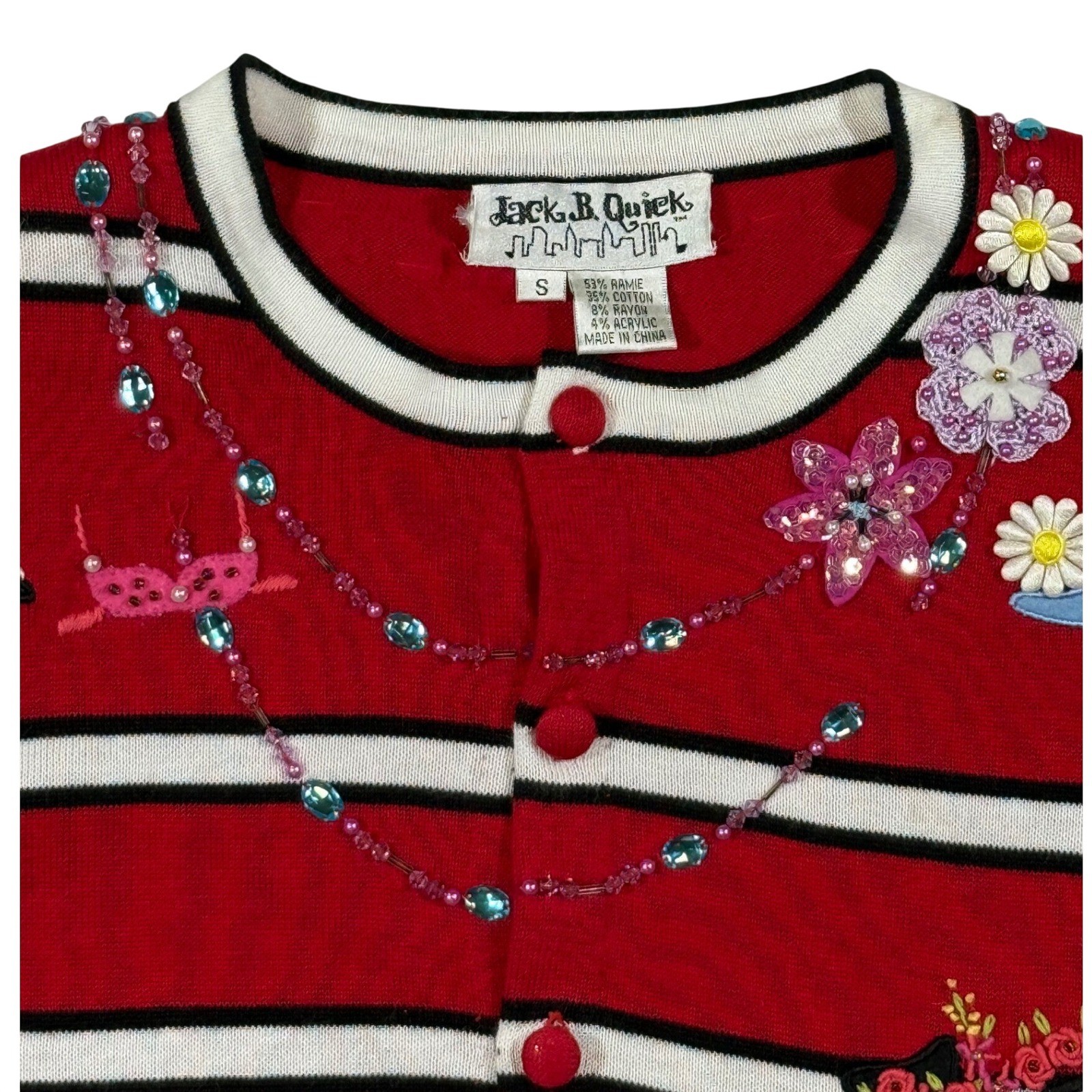 VTG Jack B Quick Cardigan Women S Red Novelty Striped Beaded Whimsical Parisiane