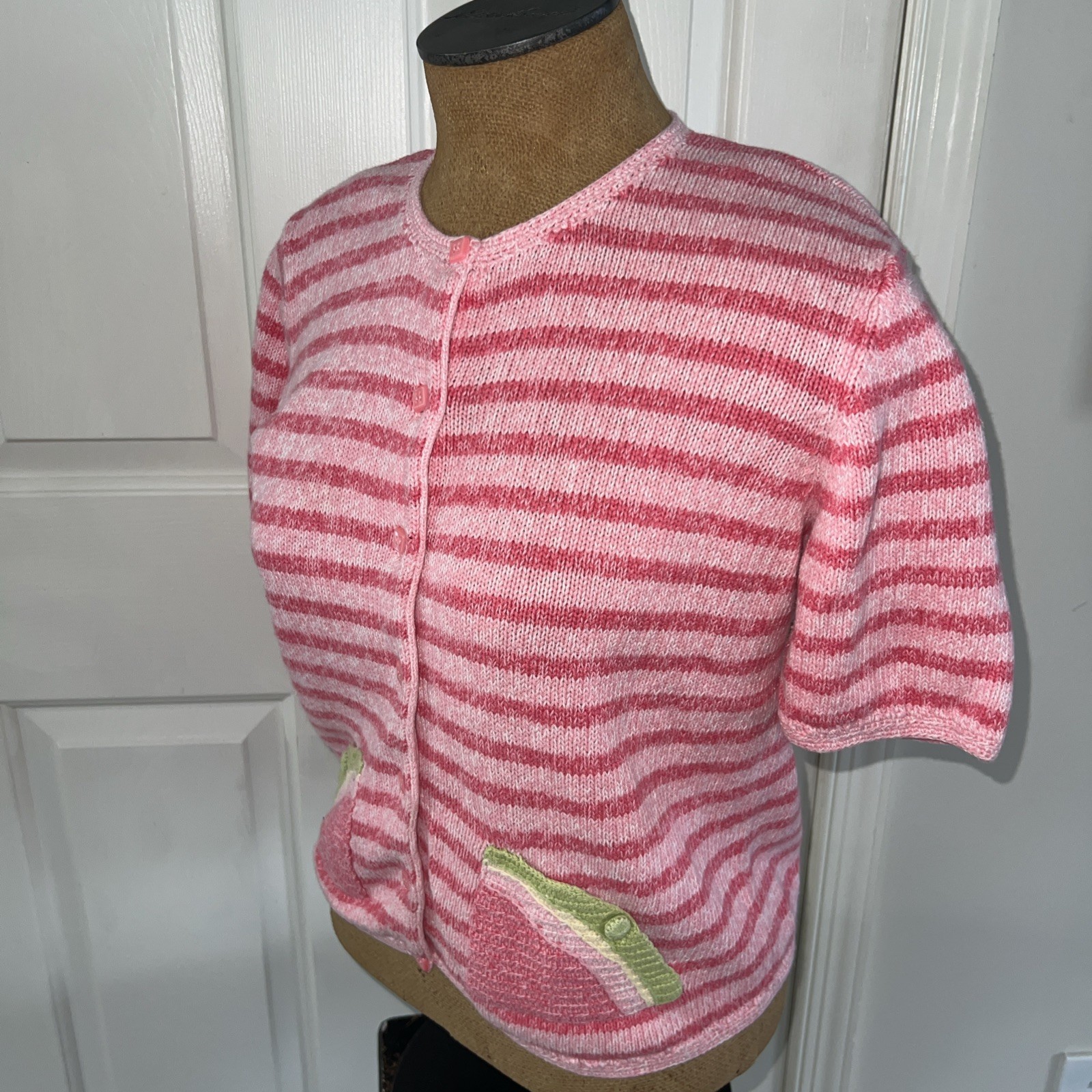 Vtg Christopher & Banks Pink Stripe Hand Stitched Sweater Watermelon Pocket Sz S