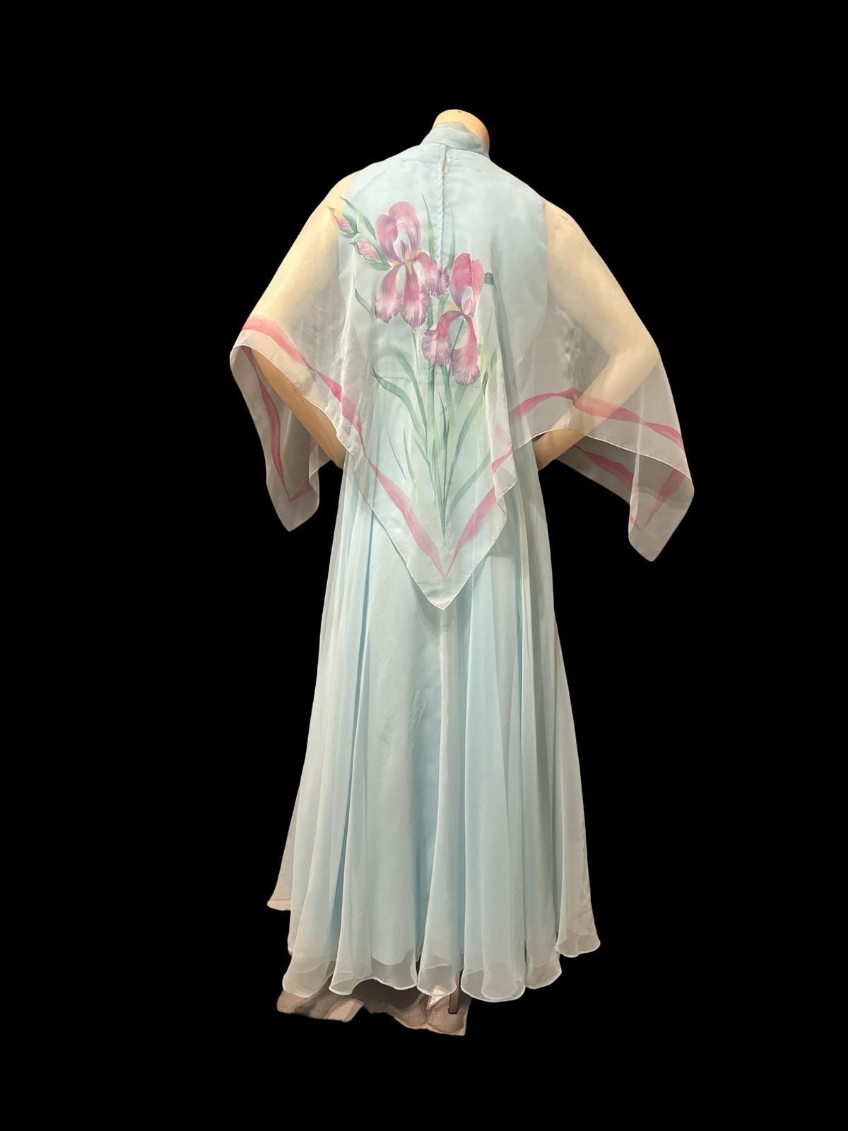 1970s Blue Chiffon Hostess Maxi Dress Empire Waist Cape Overlay MIL Dress 14 VTG