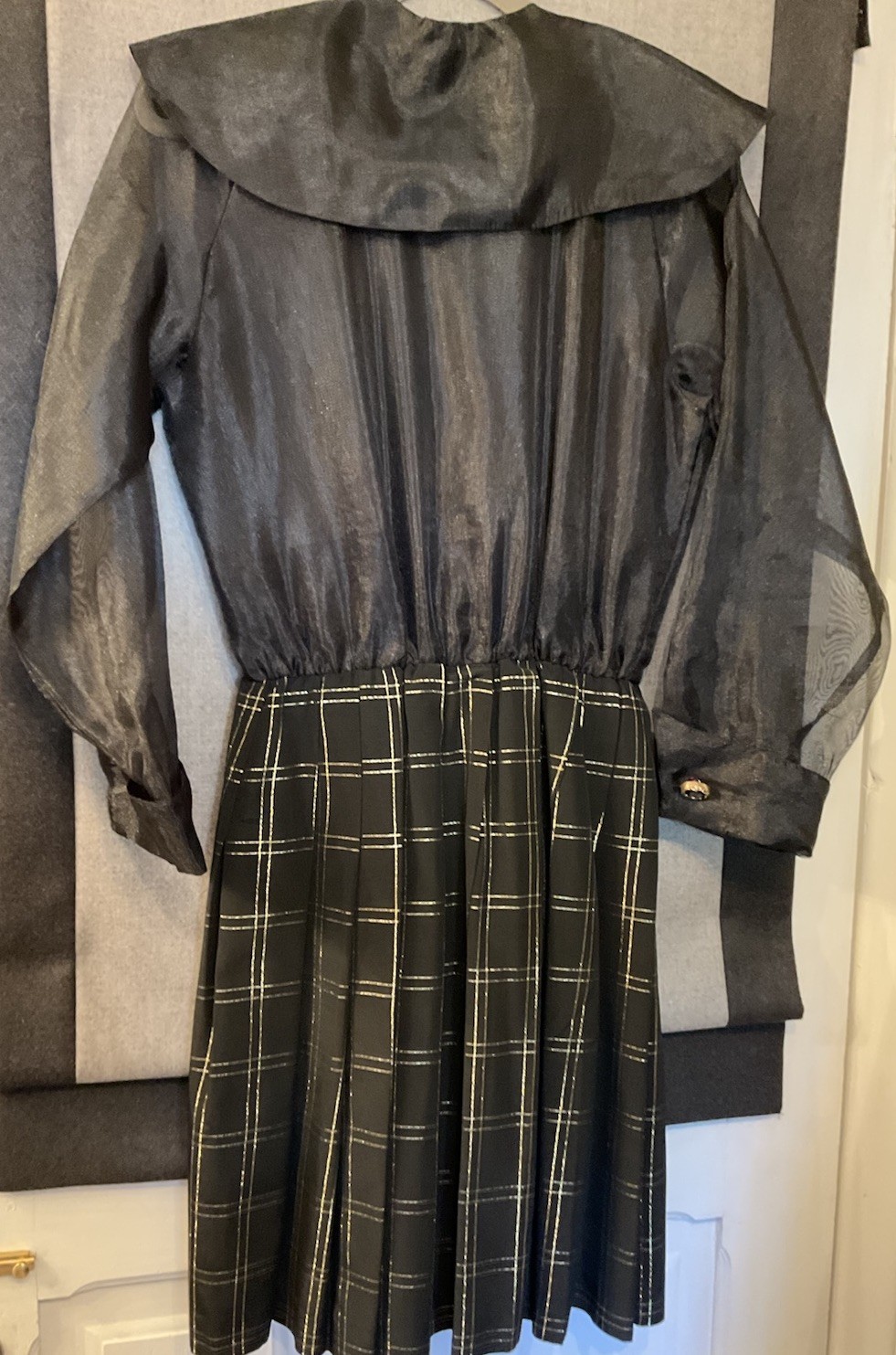 80’s Vintage Leslie Fay 6P Dress Black Gold Plaid Sheer Sleeve Cocktail Goth