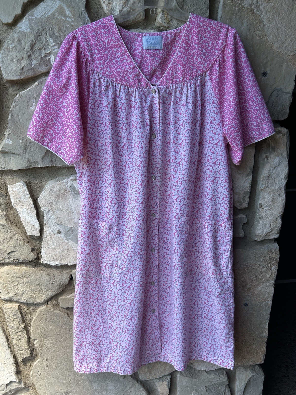 Vintage ASHLEY TAYLOR Cotton Robe Duster House Dress XL Pink Floral Snaps EC