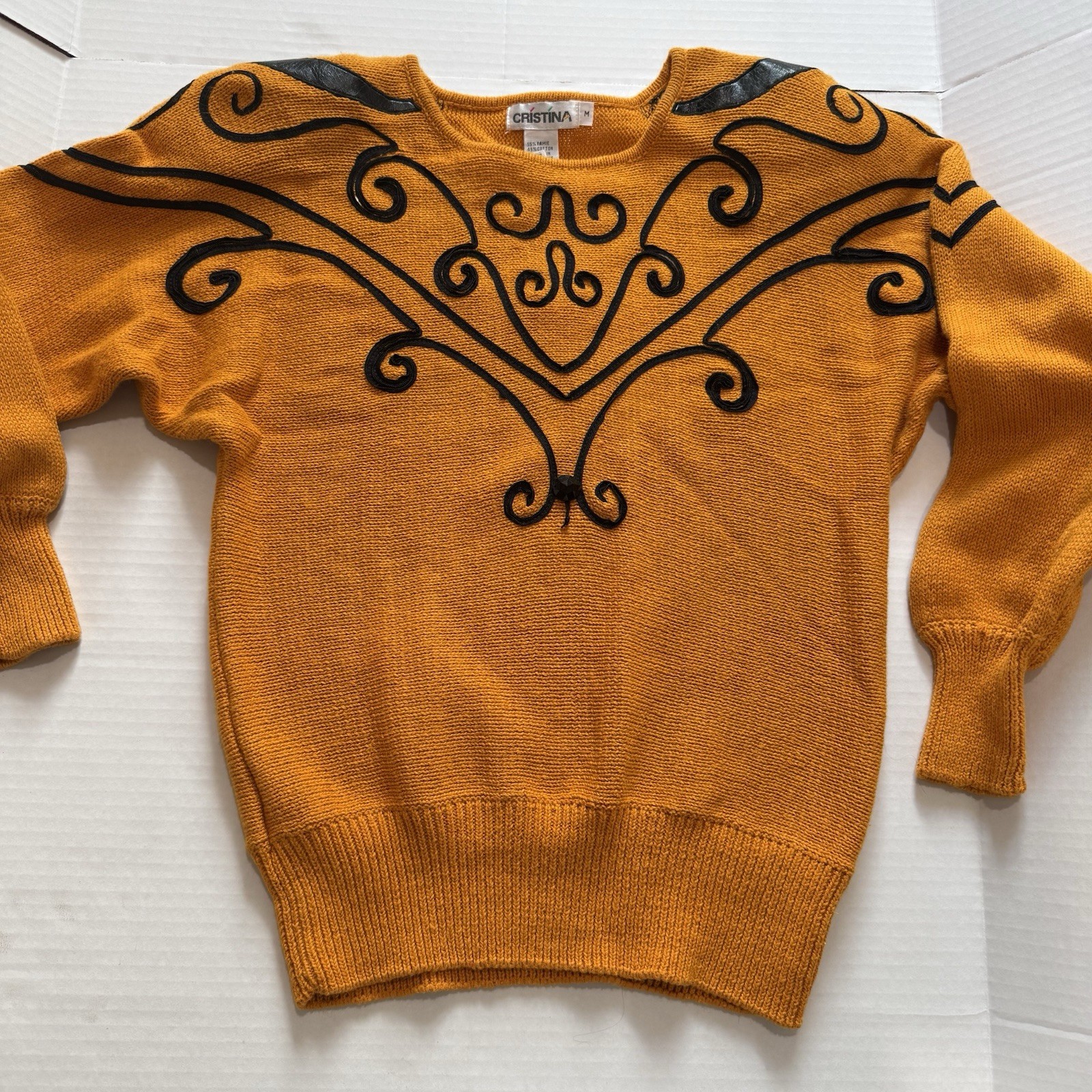 Vintage 80s Style Sweater with appliqué detail, Faux Leather And Shoulder Pads
