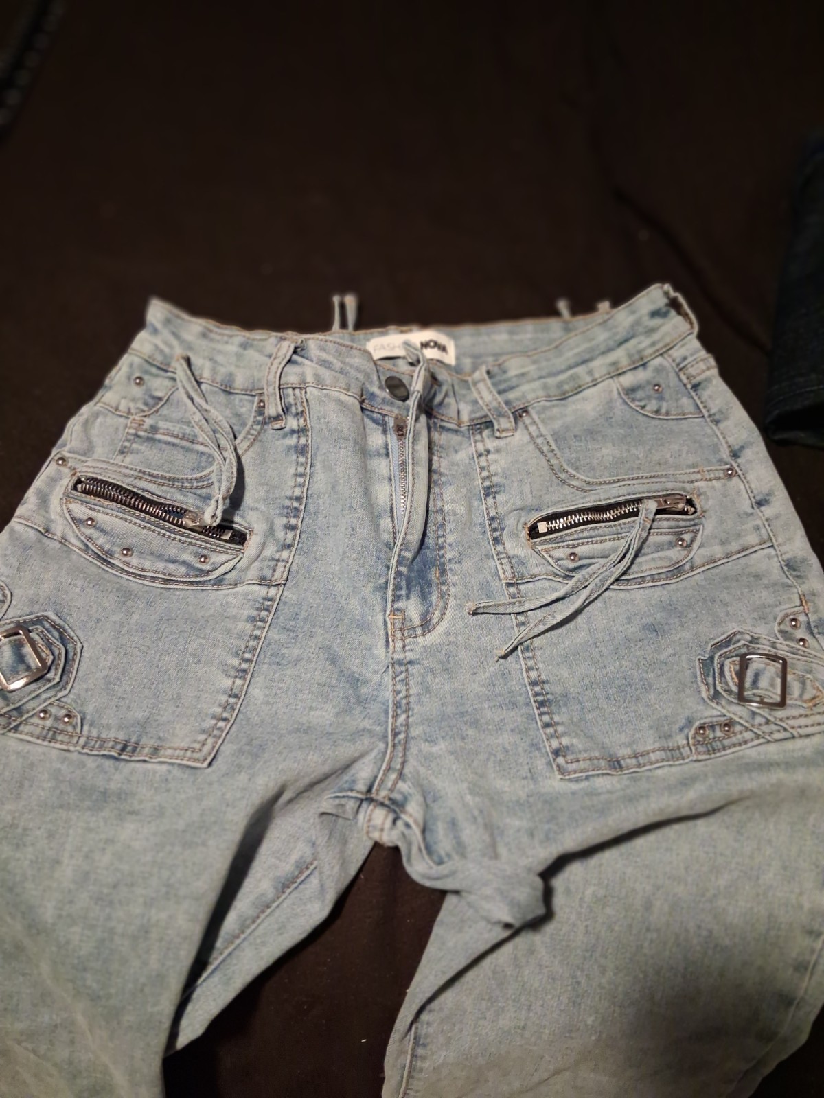 Women Flared Jeans Size 11 Light Wash Blue Denim Drawstring Zipper Pockets