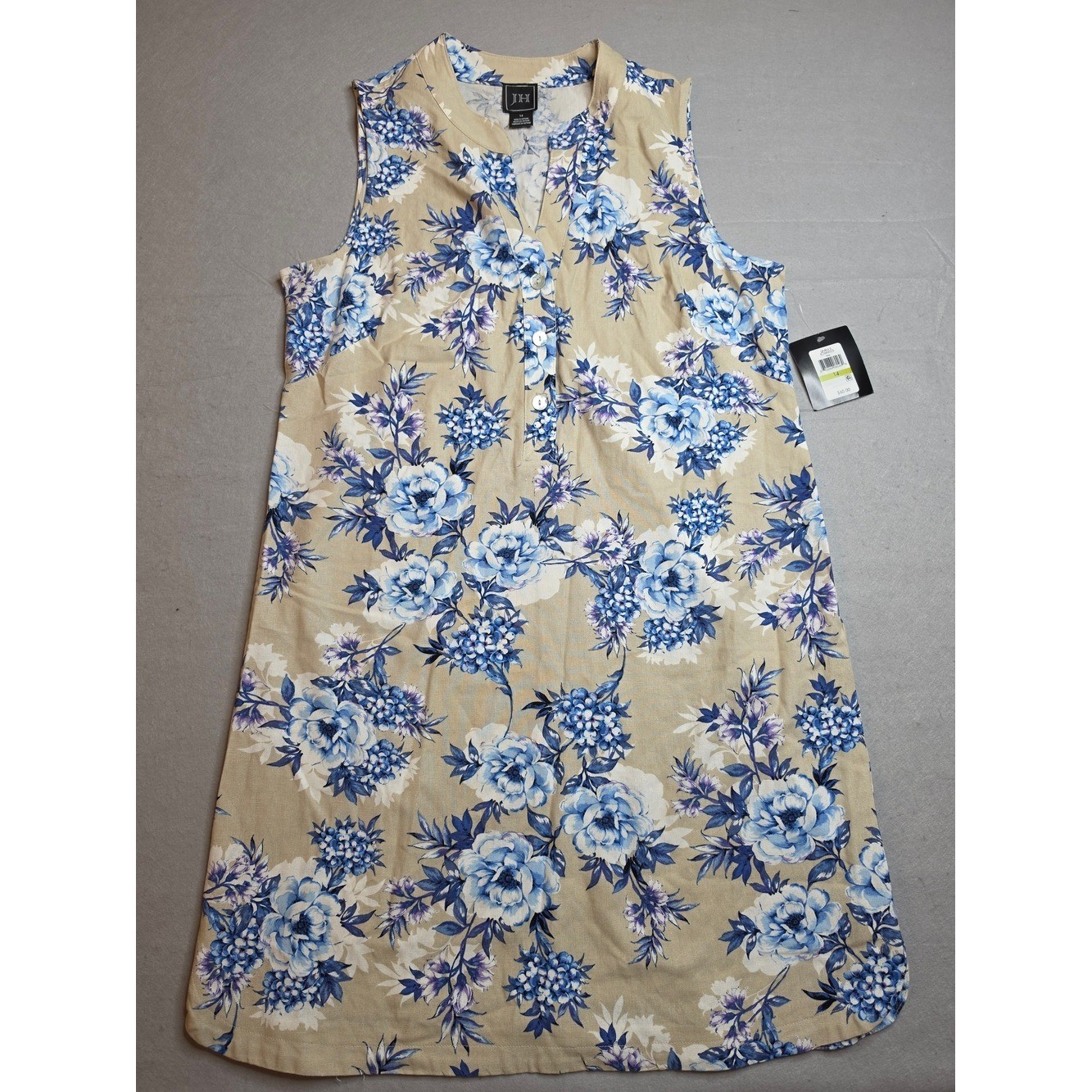 JH Women’s Dress Size 14 Tan Blue Floral Print Rayon Linen V-Neck Sleeveless