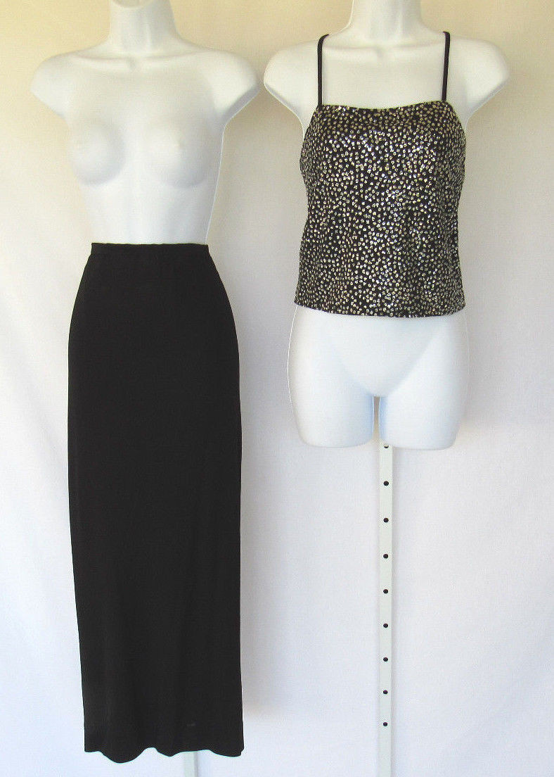 VINTAGE 1970s 80s THEMES GLITTER TOP & LONG SKIRT BLACK SILVER SIZE 6 LINED