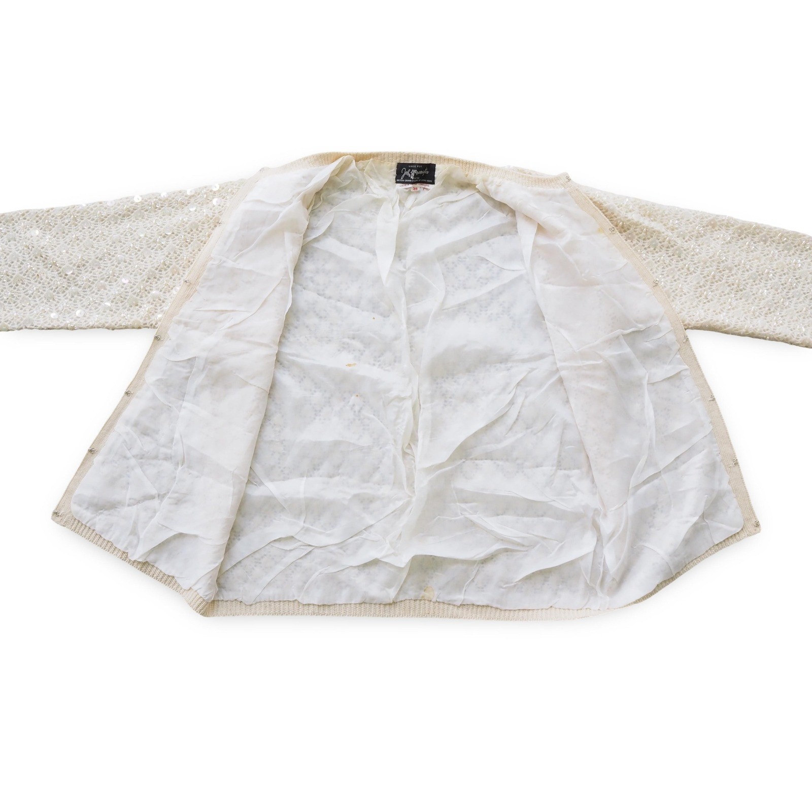 John Wanamaker Vintage Beaded Sequin Cardigan Women’s 38 Ivory Wool Open Front