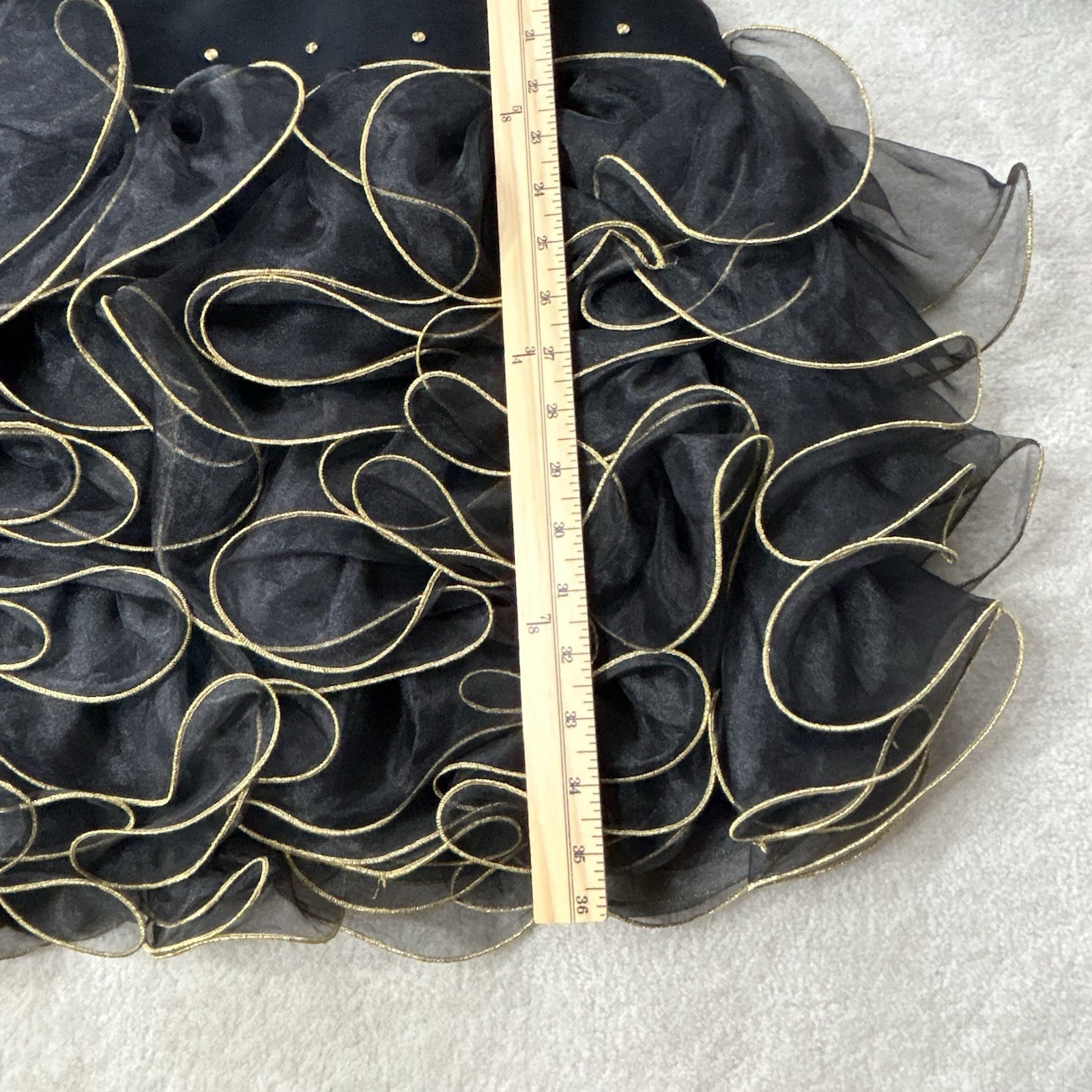Vintage Tadashi Black & Gold Stretch Body Con Ruffle Cocktail Dress Size 14