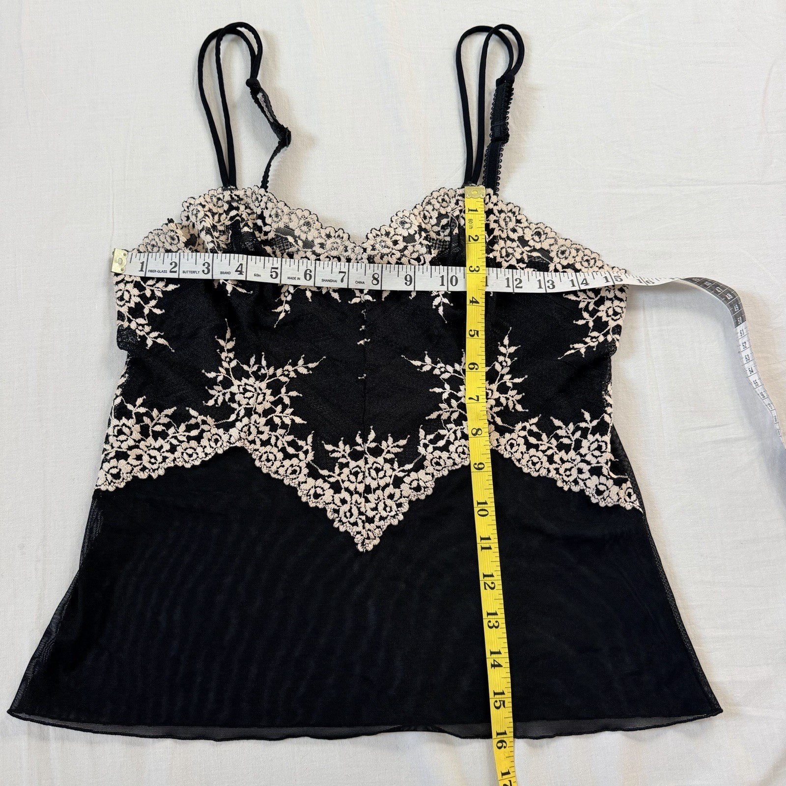 Wacoal L Black Beige Lace Mesh Camisole Sheer Floral Lingerie Top Coquette Fairy