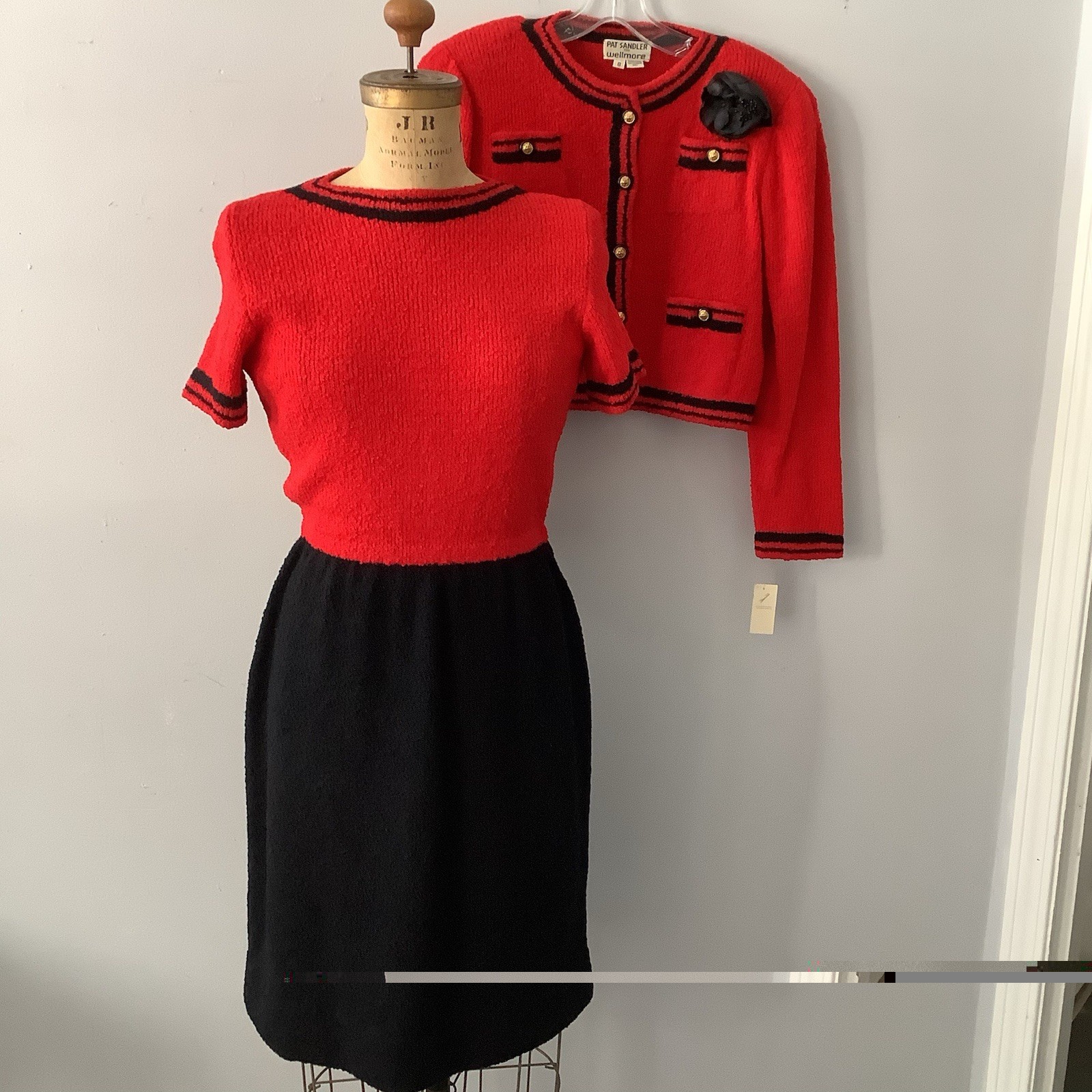 VTG 1980’s Pat Sandler for Wellmore Red BLK. Knit 2pc Dress SZ. 8 MINT Orig. 440
