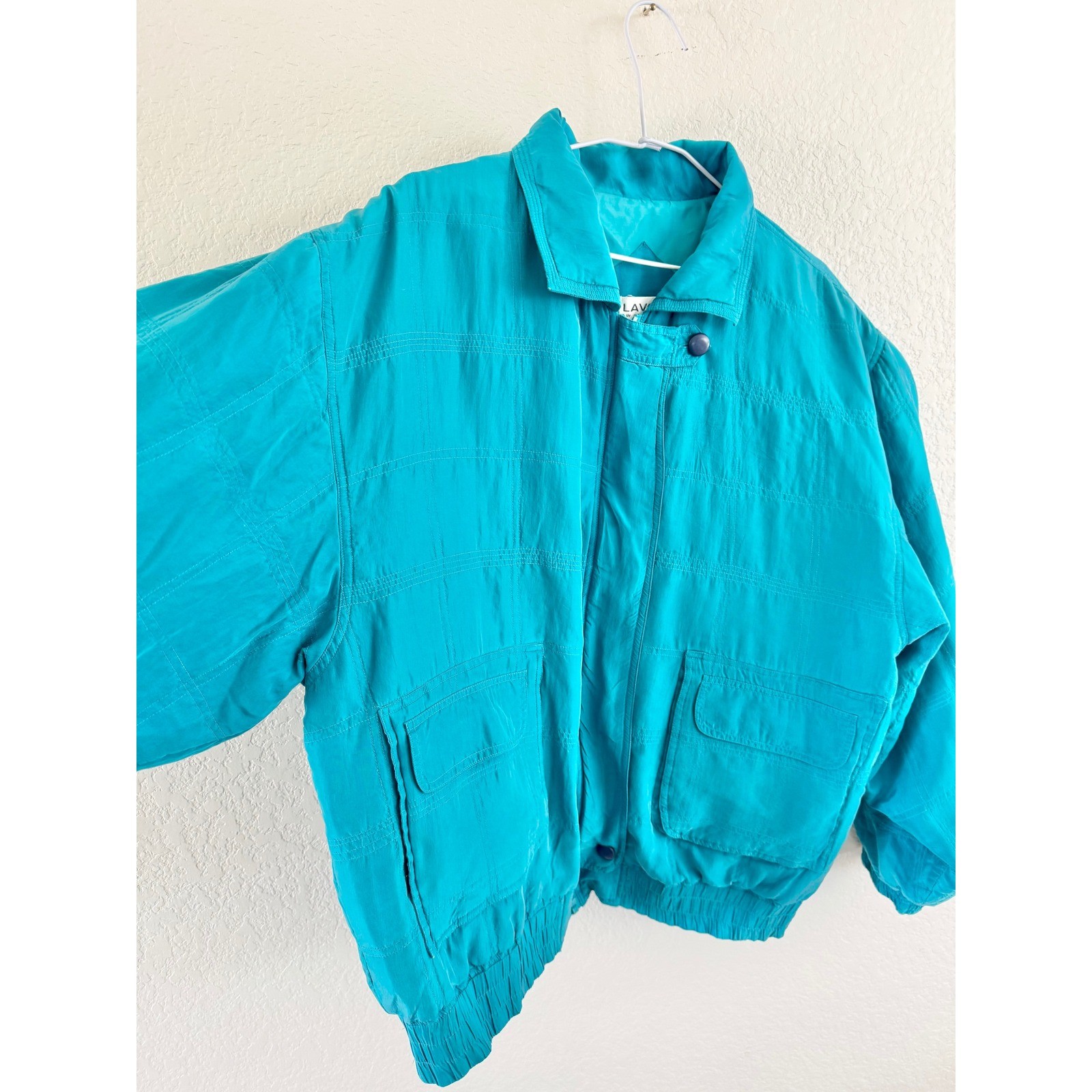 Lavon Silk Bomber Jacket Womens Medium Teal Vintage 80s Grid Stitched Zip Up