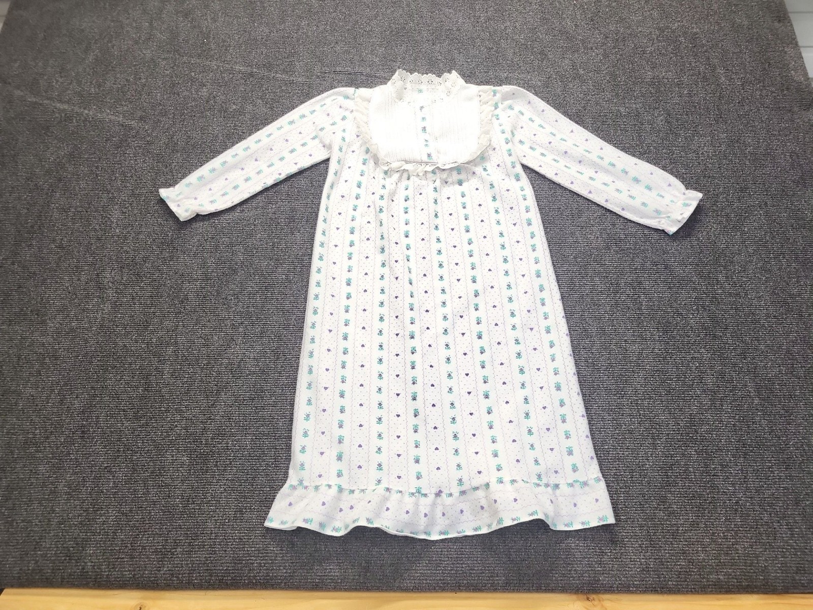 Vintage Girls Floral Lace Trim Nightgown White Purple Green