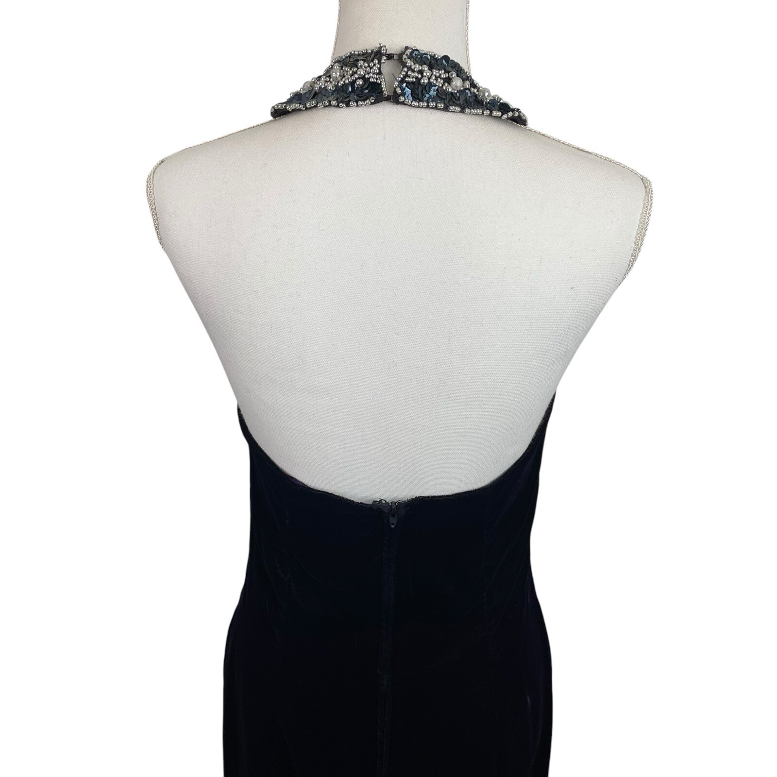 Niki Originals Size 10 Navy Velvet Sequin Beaded Halter Neck Dress 90’s Y2K VTG