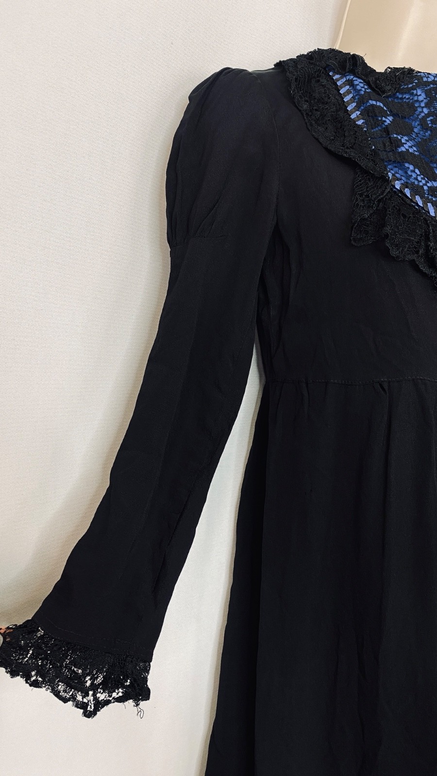Vintage 1900s black dress XXS teen girls’ long puffed sleeves blue lace midi