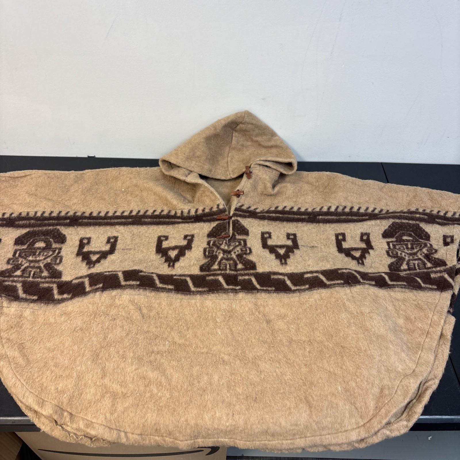 Vintage Aztec Hooded Wool Blend Poncho Jacket With Pockets One Size – S To 3xl