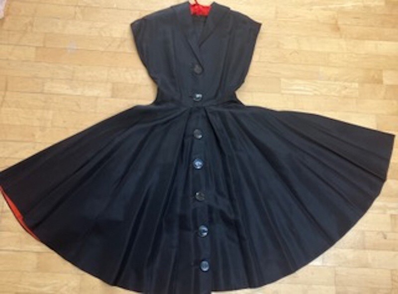 Rare Vintage Black Satin/Rayon Sleeveless Dress With Large Skirt. Size S