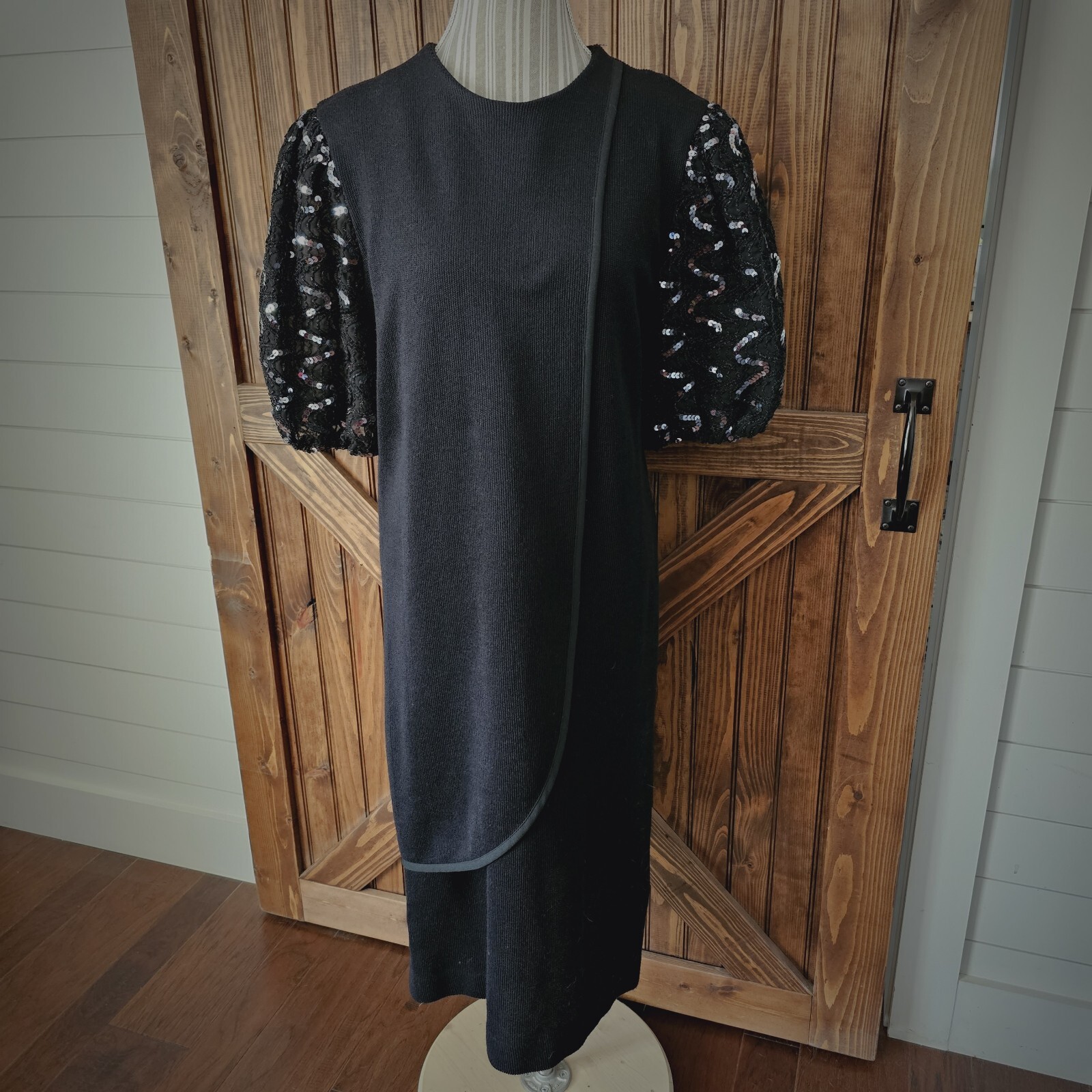 Vintage Leslie Fay Black Knit Sweater Layer Puff Sequin Sleeves Sz 16 (F2)