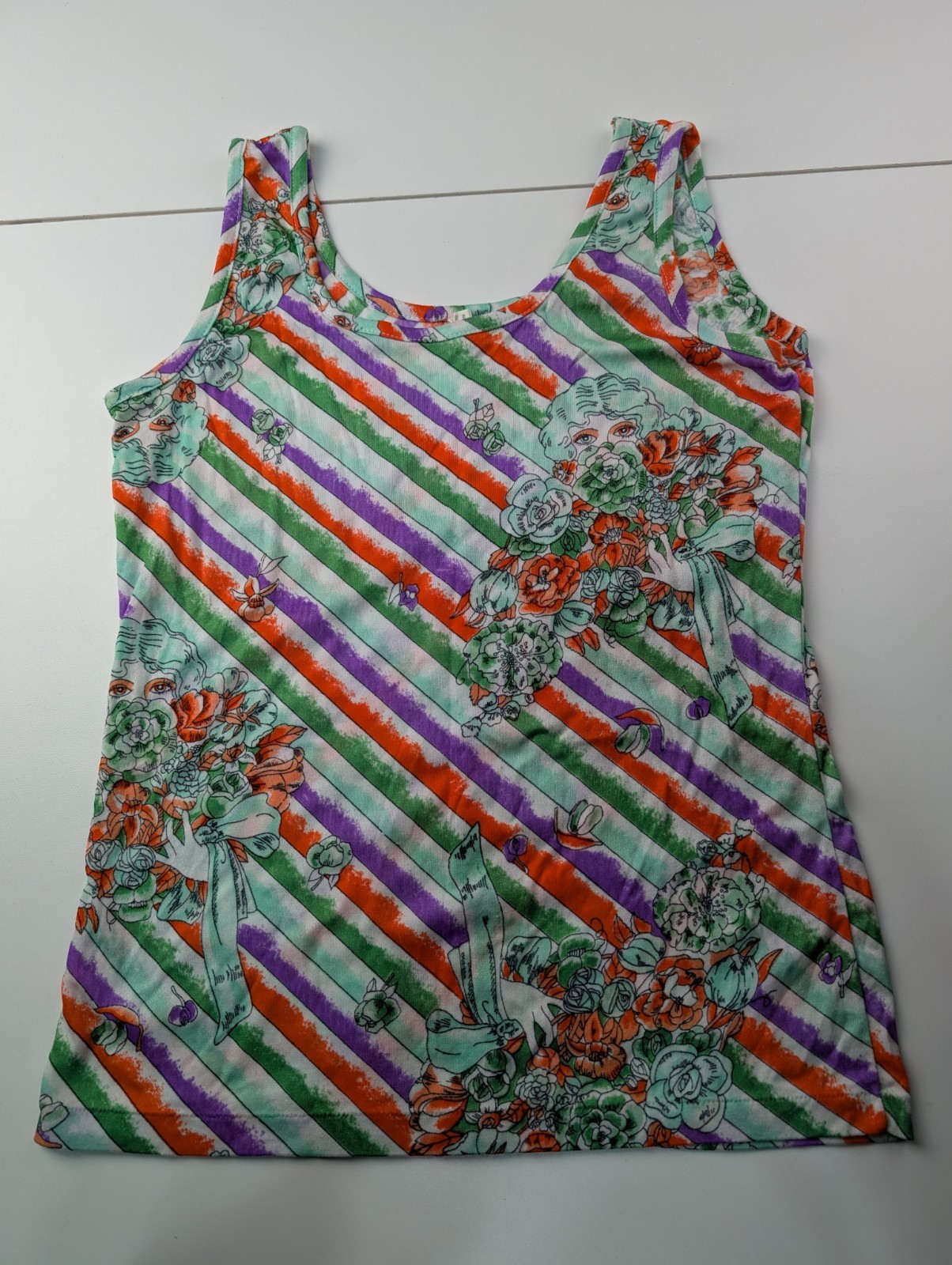 Vintage Debenhams Nylon Tank Top Psychedelic Floral Mod Striped Stretch S/M