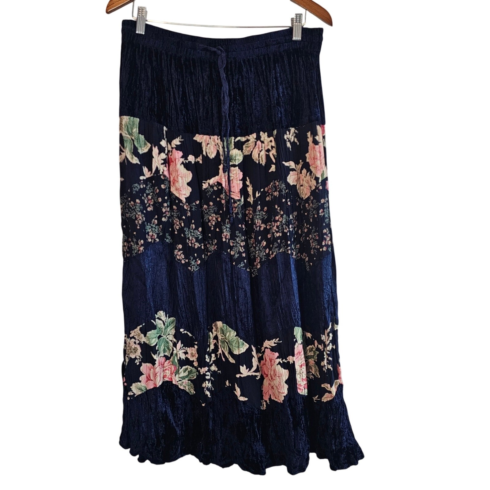 Vintage Velvet Patchwork Skirt Women Med Blue Floral Boho Whimsygoth Retro Fairy