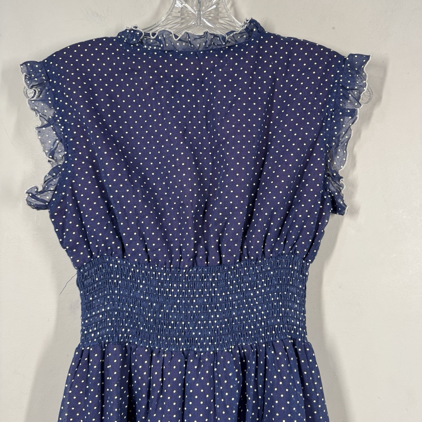 Vtg Ruffle Maxi Dress Sheet Blue Polka Dot Over Lining JC Penny Women Sz 11/12