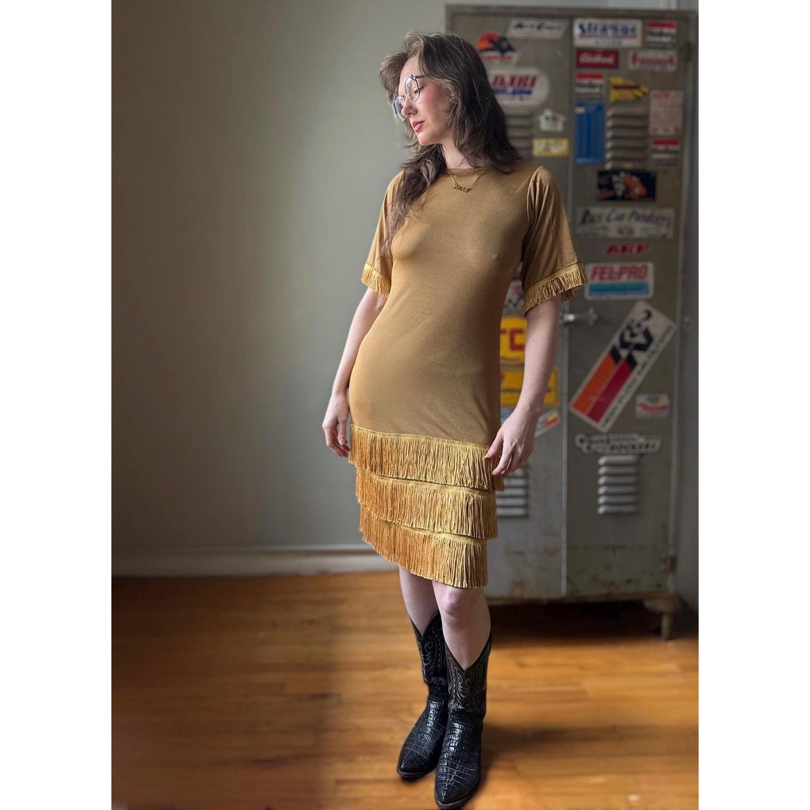 Vintage 70s Metallic Fringe Dress | Disco Cowgirl Knit Mini | Studio 54 | Size M
